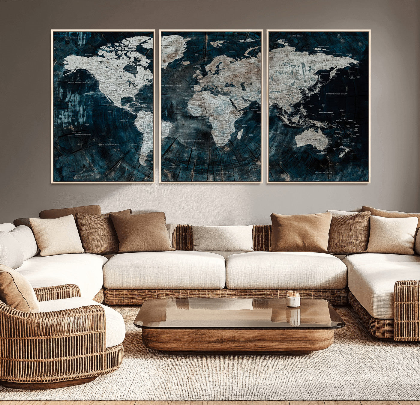 34425609-MGV-CV-36X24-World Map Wall Art – Rustic Navy and Grey Atlas Canvas Print, Distressed Explorer Map Artwork, Industrial Style Decor for Office,