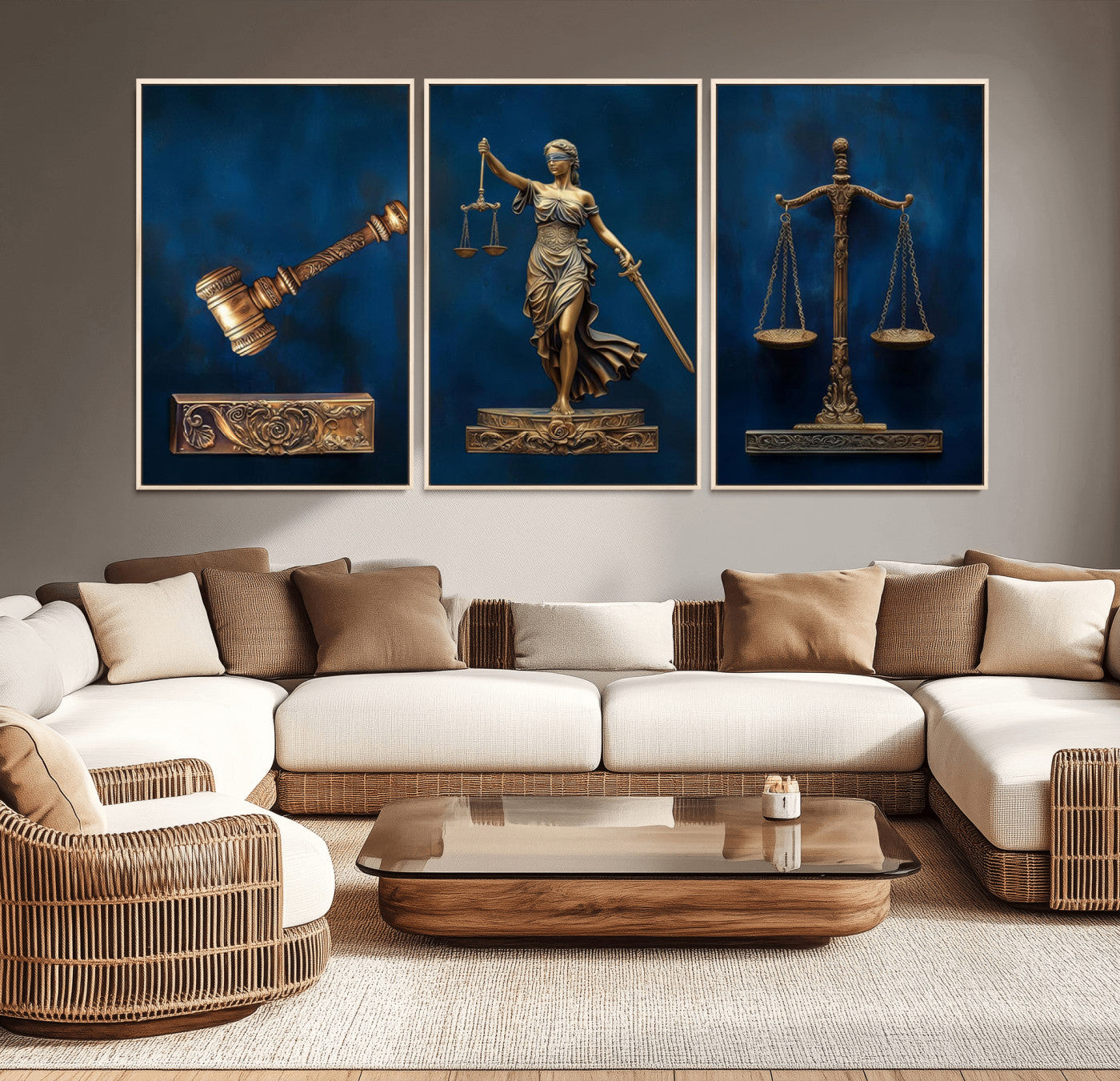 91629053-MGV-CV-36X24-Lady Justice Wall Art – Golden Gavel and Scales Canvas Print, Elegant Legal Office Decor for Lawyers, Judges, Courtroom or Study