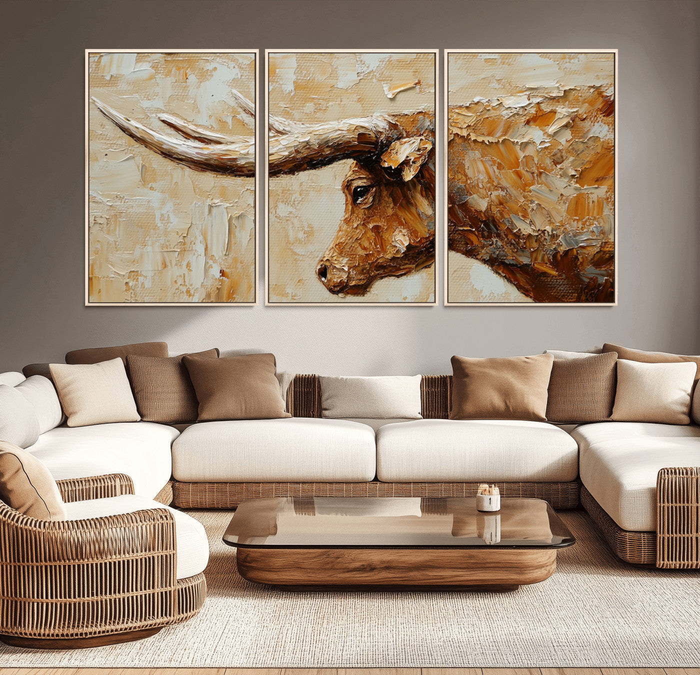 69611428-MGV-CV-36X24-Longhorn Bull Wall Art – Rustic Western Canvas Print, Textured Farmhouse Cattle Painting for Living Room, Office, or Ranch House