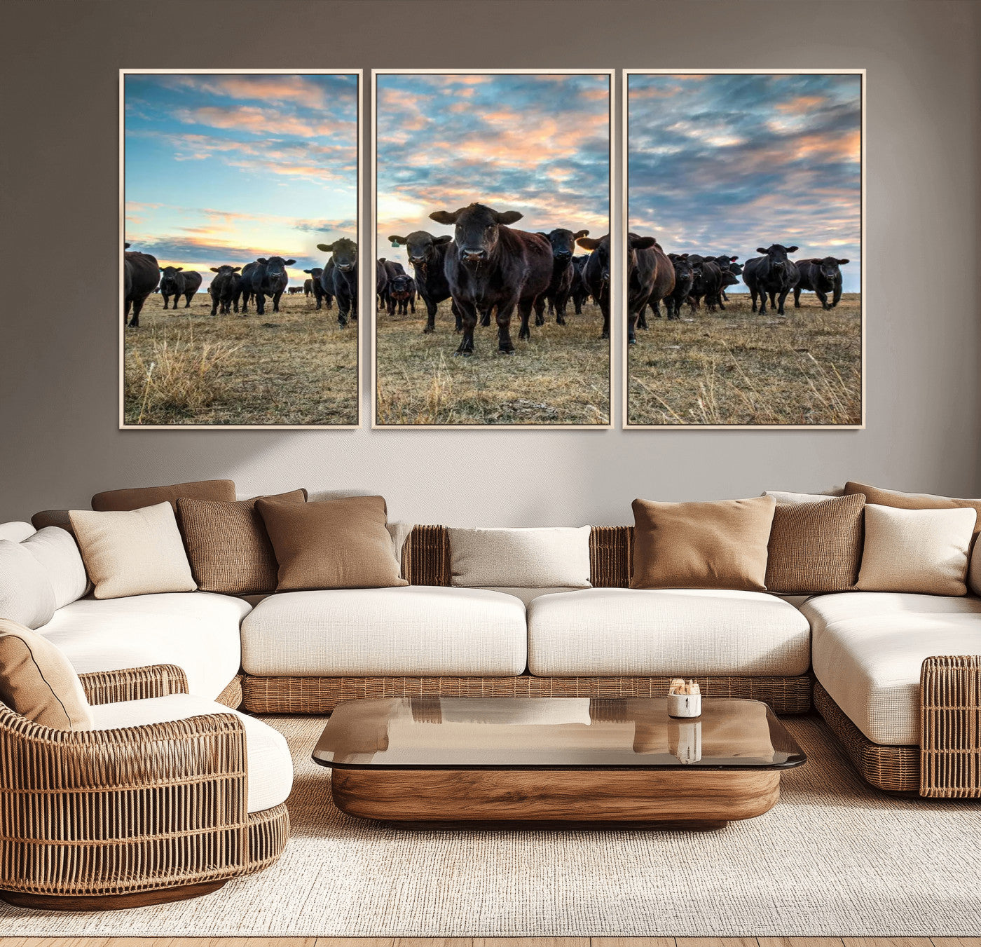 13867292-MGV-CV-36X24-Black Cattle Wall Art – Rustic Ranch Herd Canvas Print, Western Farmhouse Country Landscape Decor for Living Room, Office, or