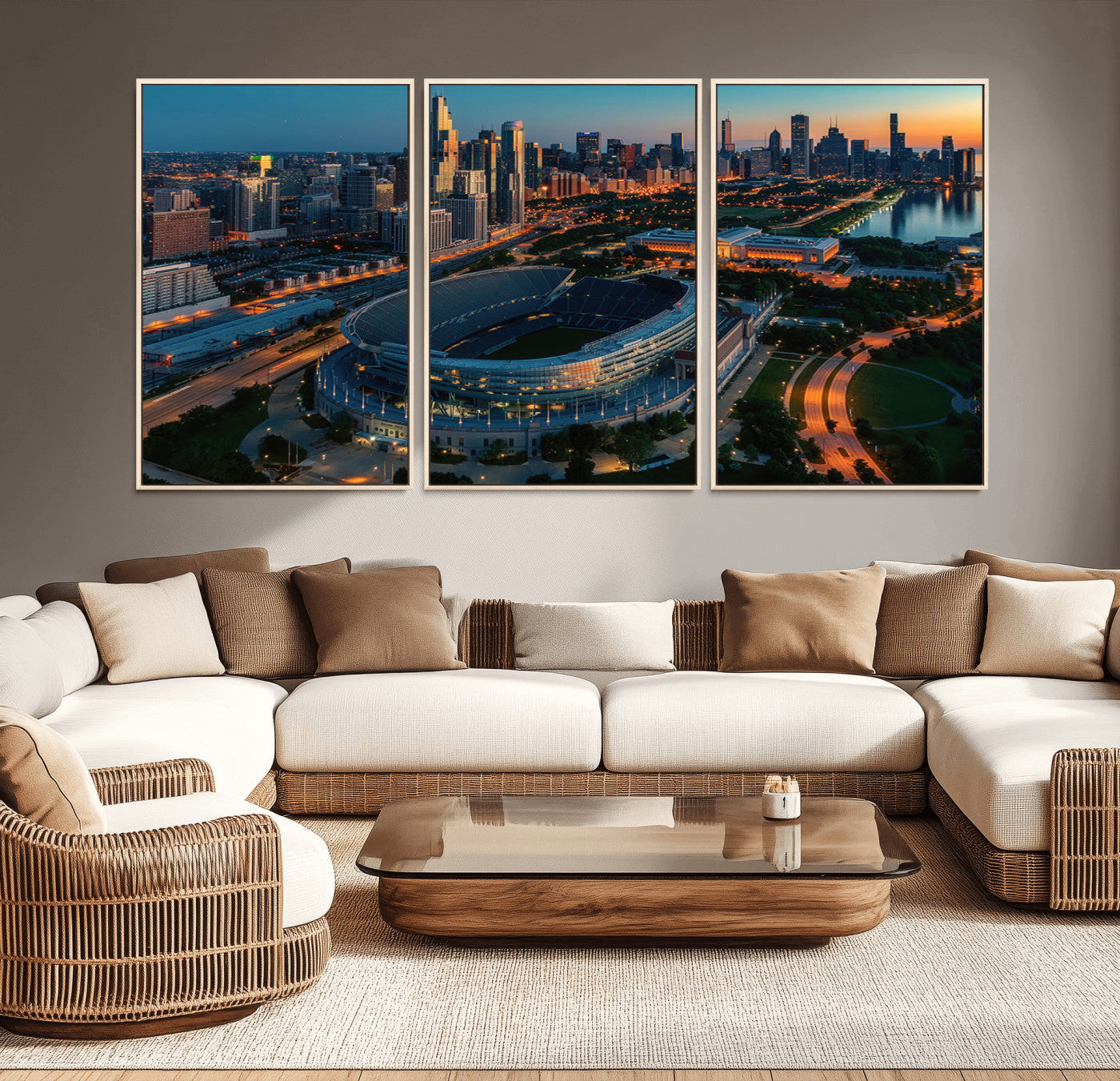 36690345-MGV-CV-36X24-Soldier Field Wall Art – Chicago Bears Stadium Aerial Night Canvas Print, City Skyline Football Decor for Living Room, Office, or