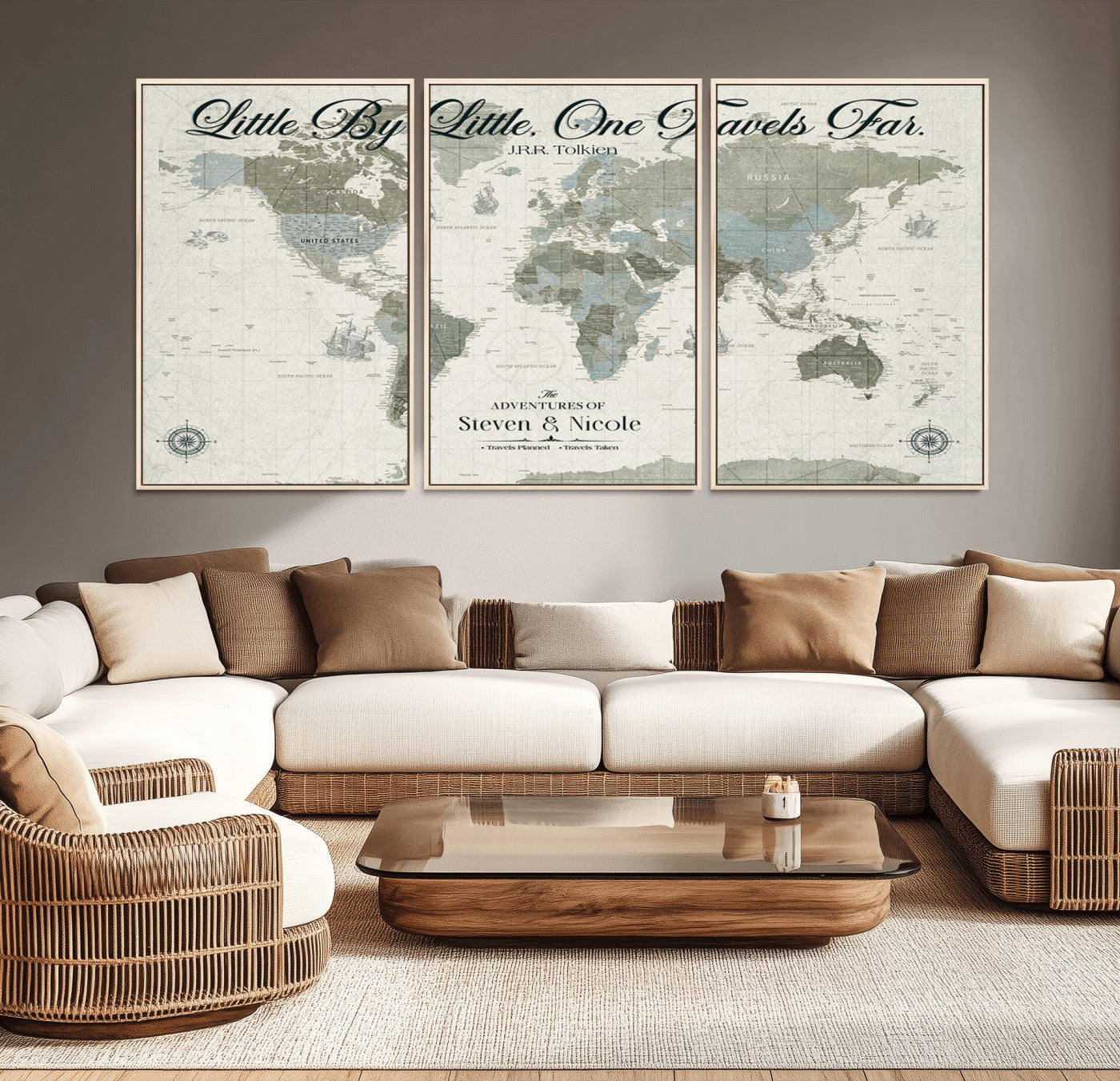 10693204-MGV-CV-36X24-Little By Little One Travels Far Tolkien Quote Blue Green World Map Adventure Wall Art Canvas Print Rustic Wanderlust Travel Decor