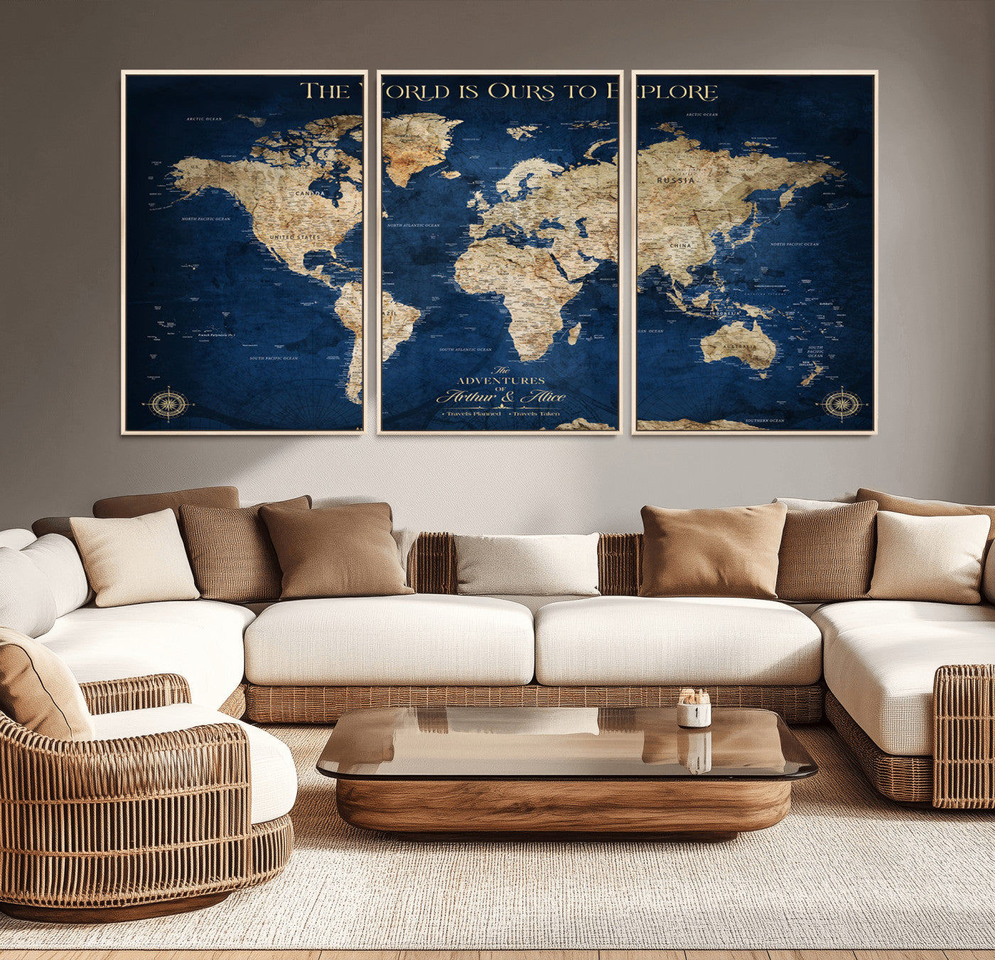 54782997-MGV-CV-36X24-The World is Ours to Explore Wall Art – Blue World Map Canvas Print, Adventure Travel Decor for Home, Office or Living Room,