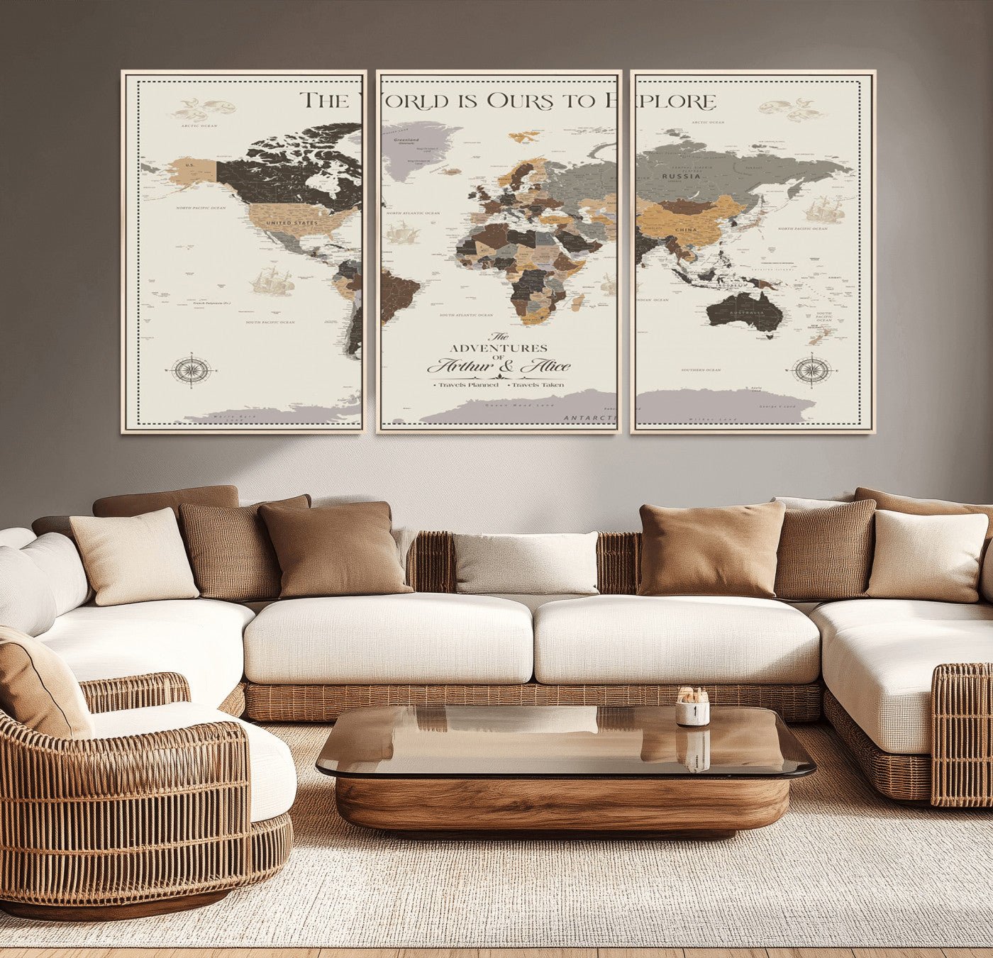 90024882-MGV-CV-36X24-The World is Ours to Explore Wall Art – Earth Tone World Map Canvas Print, Adventure Travel Decor for Living Room, Office or