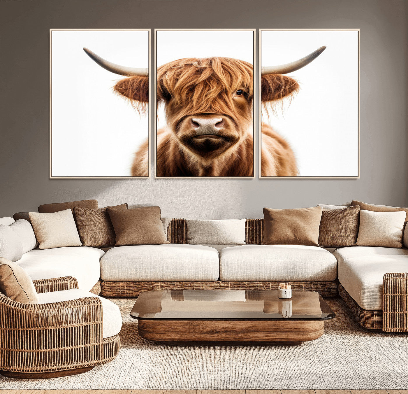 637908607-MGV-FC-93X47-3P_Black-Highland Cow Wall Art Print – Rustic Farmhouse Animal Portrait, Scottish Highland Cattle Canvas, Modern Country Wall Decor for