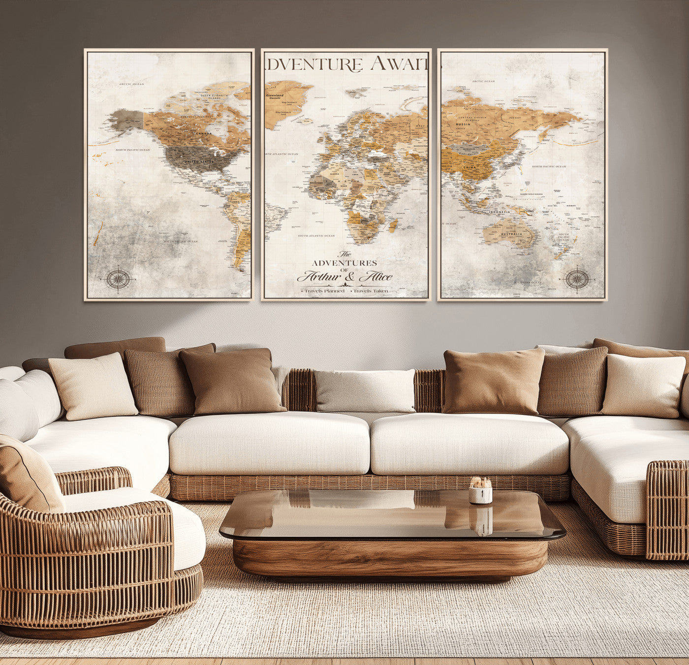 99422096-MGV-CV-36X24-Adventure Awaits World Map Wall Art – Neutral Beige Canvas Print, Modern Travel Inspired Wall Decor for Living Room, Bedroom or