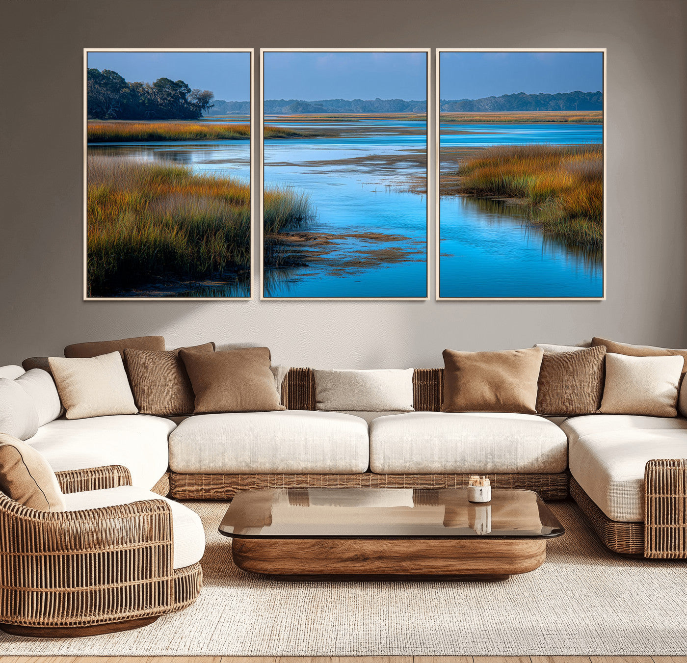 26300004-MGV-CV-36X24-Tranquil Marshland Canvas Wall Art – Blue Water, Reflective Sky, Golden Grasses, Calm Nature Landscape, Scenic Outdoor Beauty for