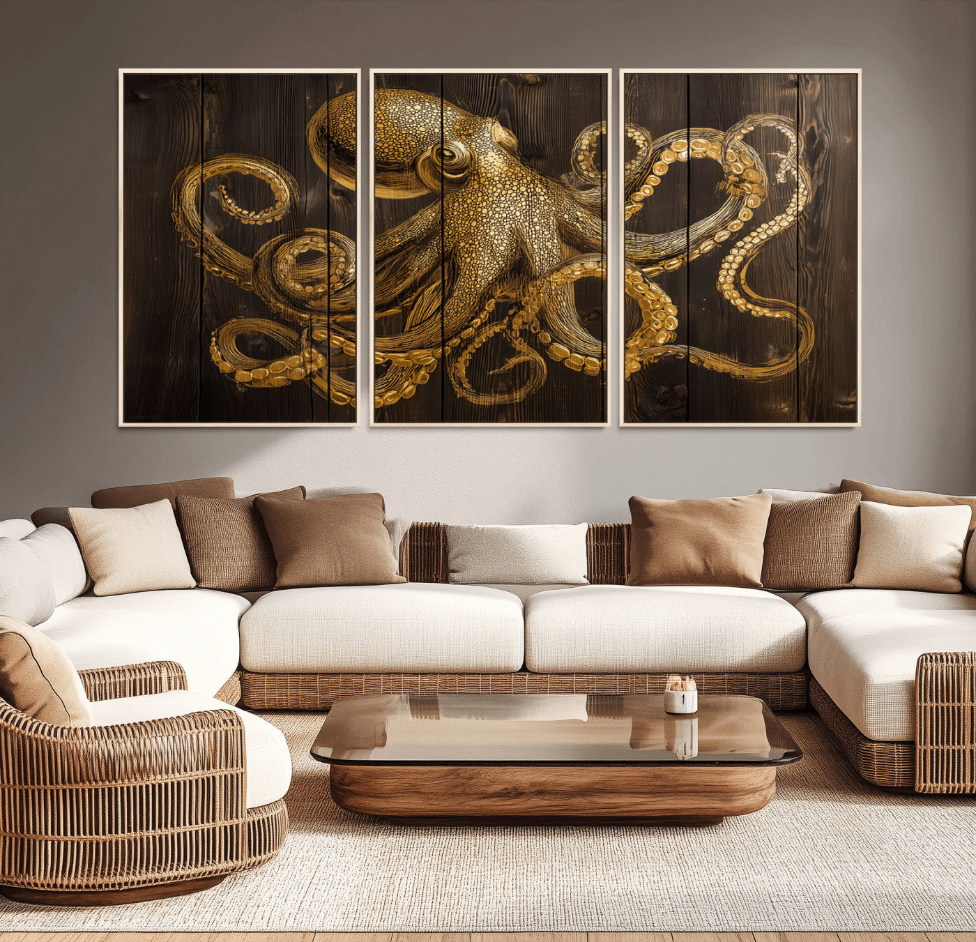 56769669-MGV-CV-36X24-Octopus Wall Art – Gold Nautical Canvas Print with Rustic Wood Panel Design, Detailed Marine Artwork for Coastal Ocean Decoration