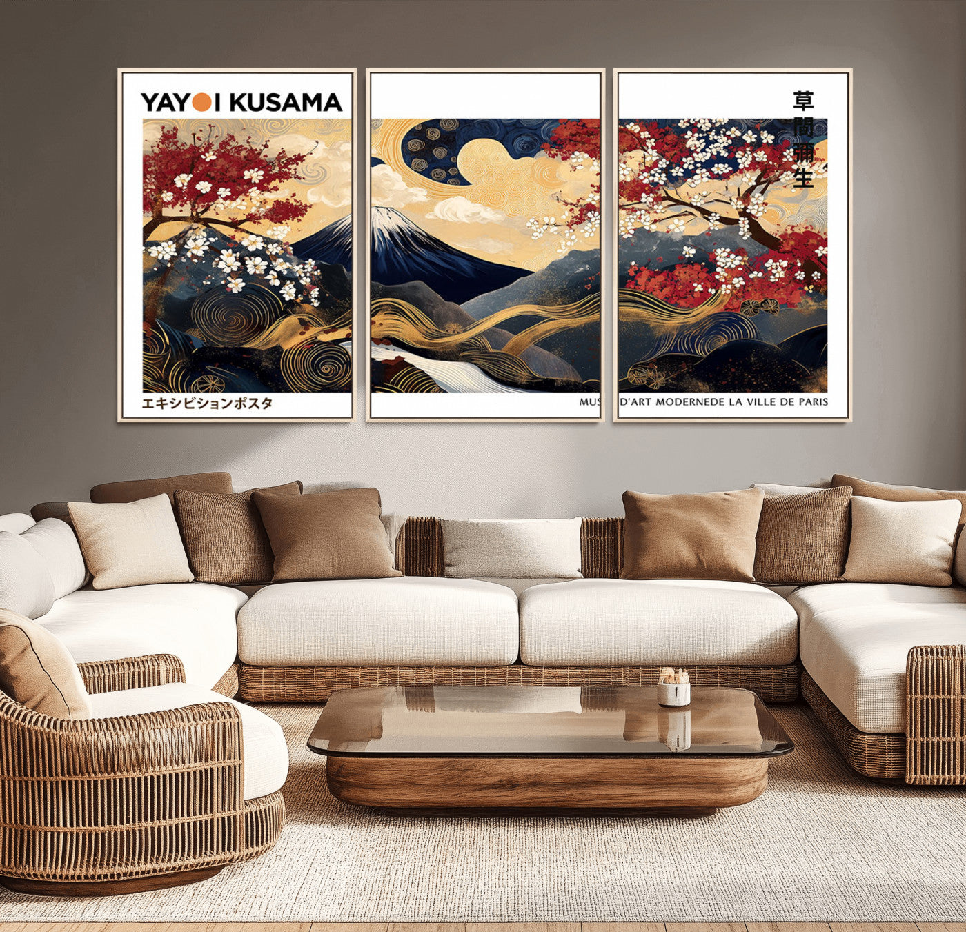 28945903-MGV-CV-36X24-Japanese Wall Art – Mount Fuji Canvas Print with Cherry Blossoms and Golden Wave Motifs, Traditional Asian Inspired Artwork for