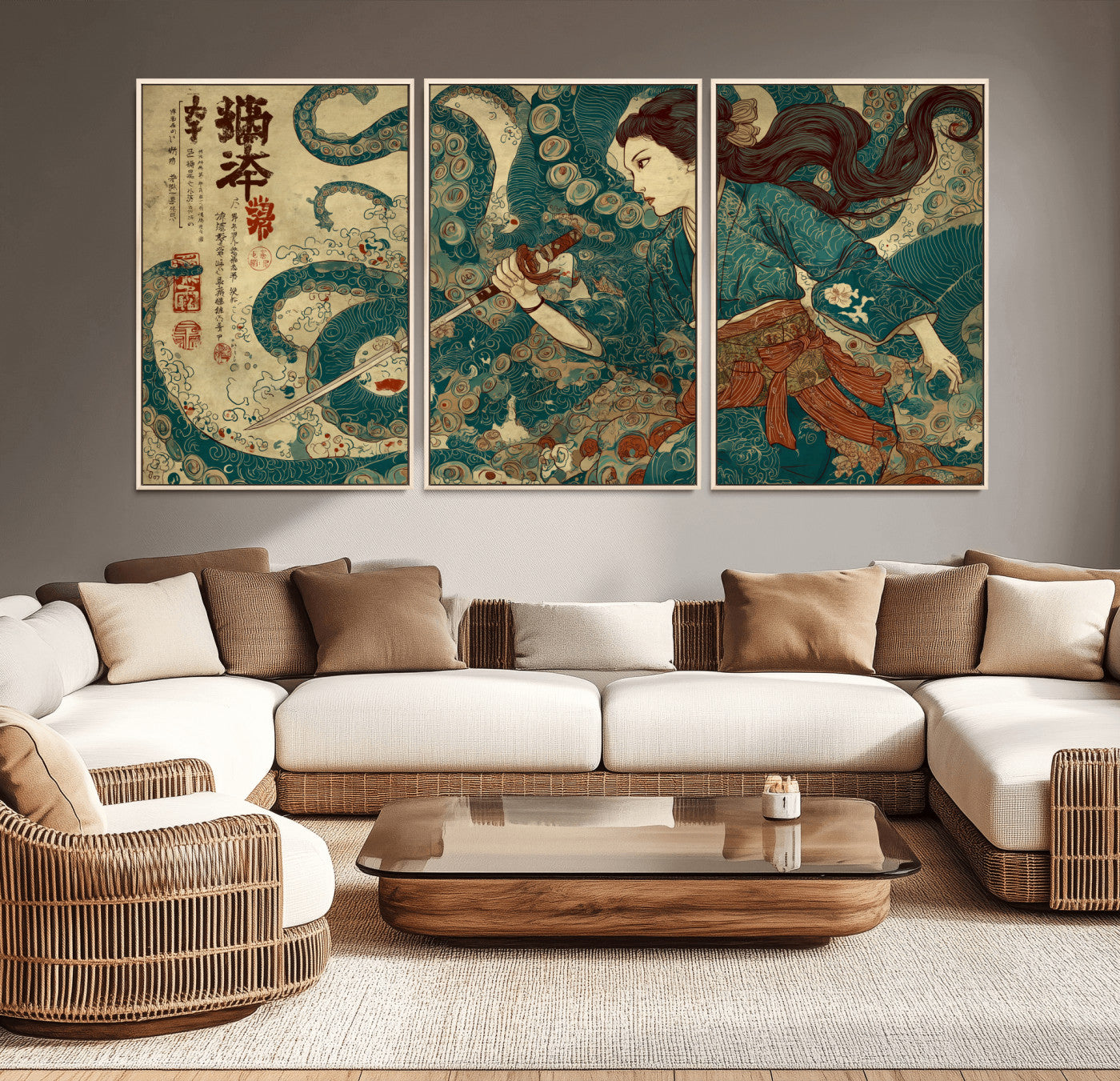 46837670-MGV-CV-36X24-Tsukioka Yoshitoshi Samurai Wall Art Print, Japanese Katana Warrior Canvas Wall Art, Octopus Sea Monster Canvas Print,