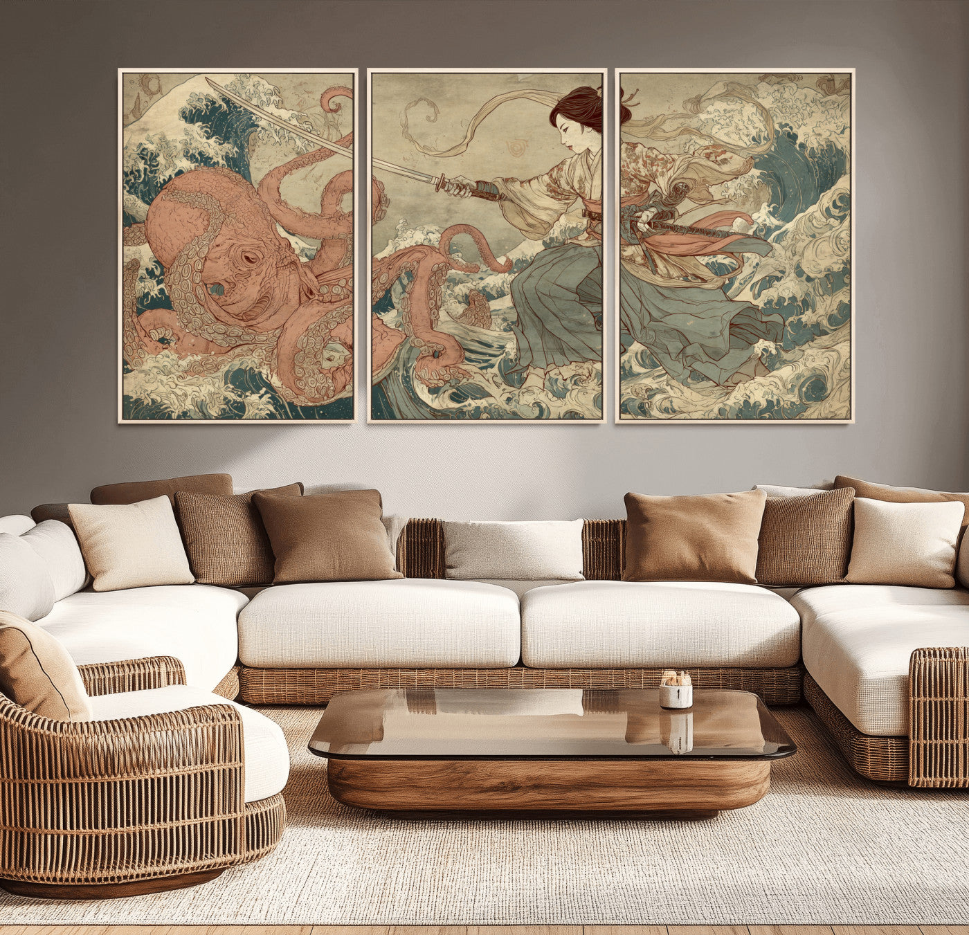 54879547-MGV-CV-36X24-Samurai Woman Wall Art – Japanese Ukiyo-e Style Canvas Print with Katana and Octopus, Traditional Asian Inspired Battle Artwork