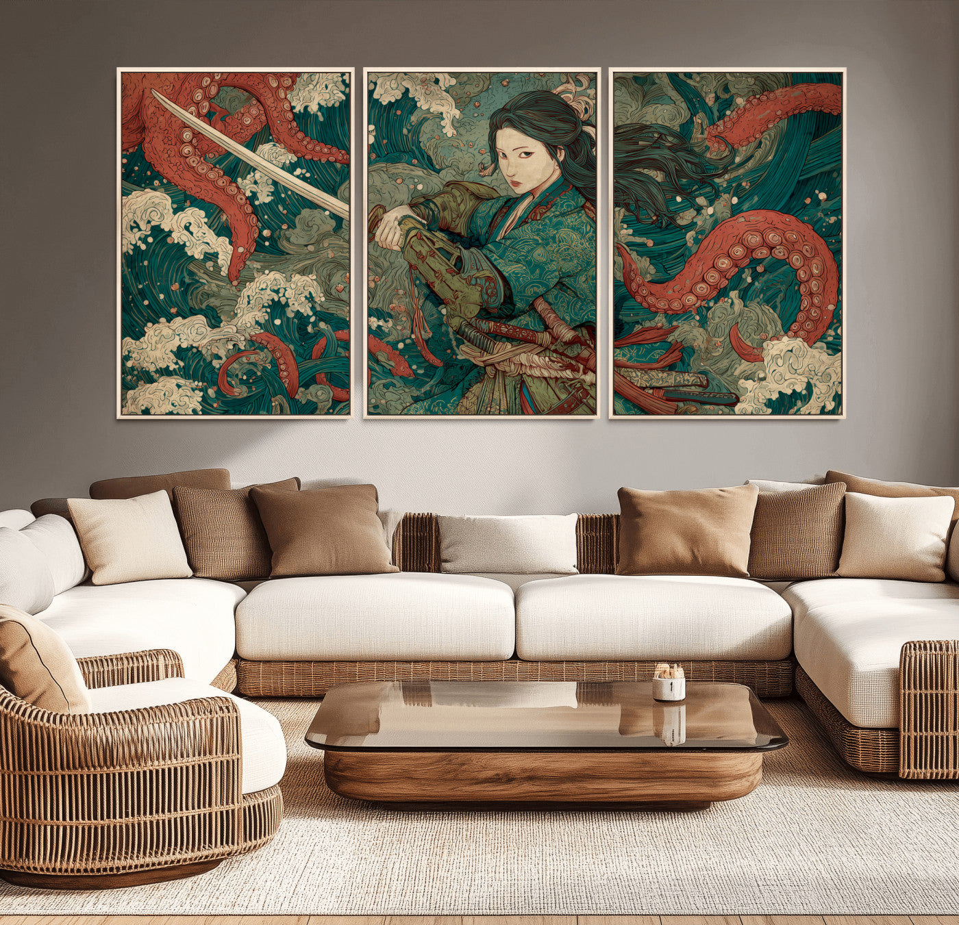35461724-MGV-CV-36X24-Samurai Woman vs Octopus Wall Art – Japanese Ukiyo-e Ocean Waves Canvas Print, Red Tentacle Battle Artwork for Living Room,