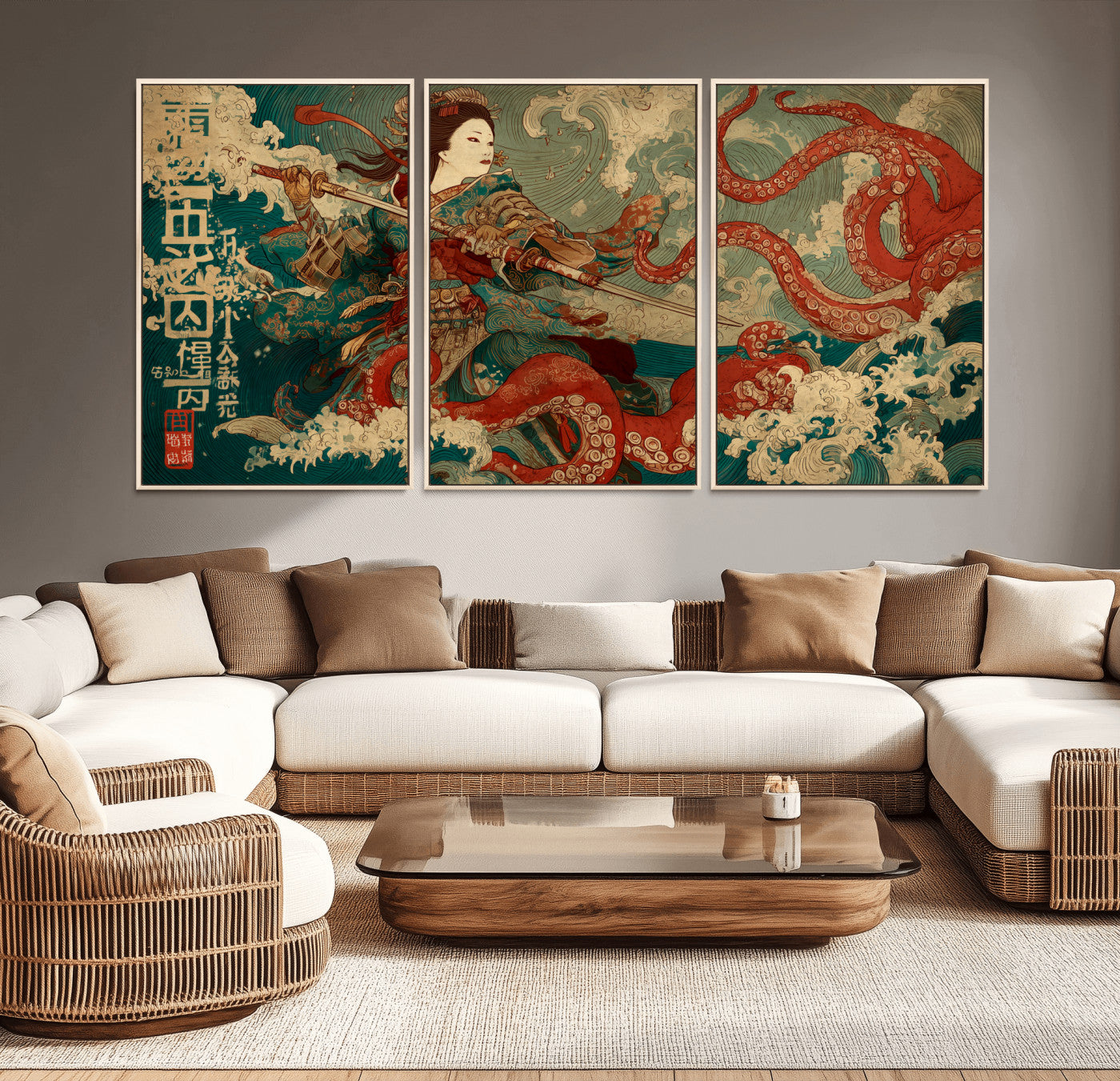 60201267-MGV-CV-36X24-Samurai Woman vs Octopus Wall Art – Japanese Ukiyo-e Armor Canvas Print, Red Tentacle Ocean Battle Artwork for Living Room,
