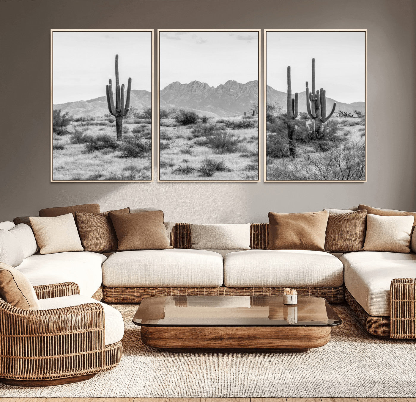 97436PHN-MGV-FC-60X30-3P_Natural-Desert Landscape Wall Art – Black and White Cactus and Mountain Canvas Print, Southwestern Nature Photography for Living Room,