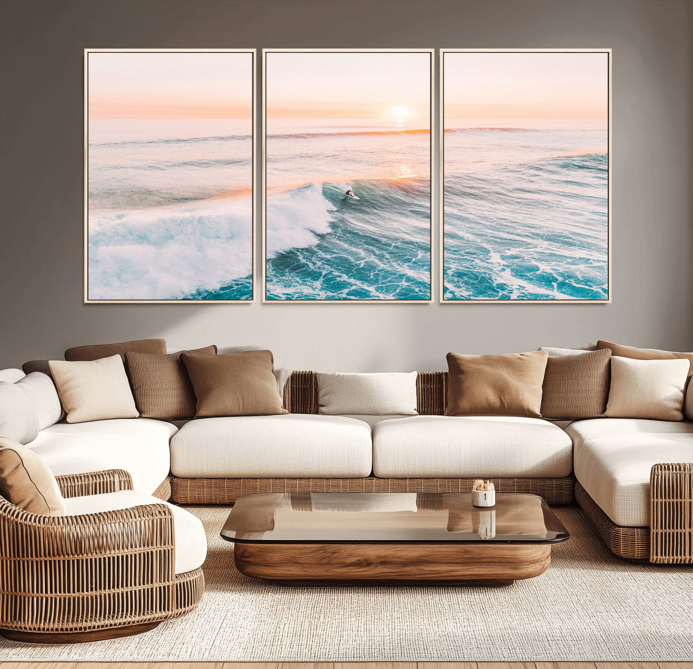 34064591-MGV-CV-36X24-Surfing Wall Art – Sunset Ocean Wave Canvas Print, Surfer Riding Sea Photography Decor for Bedroom, Living Room, Office, Coastal