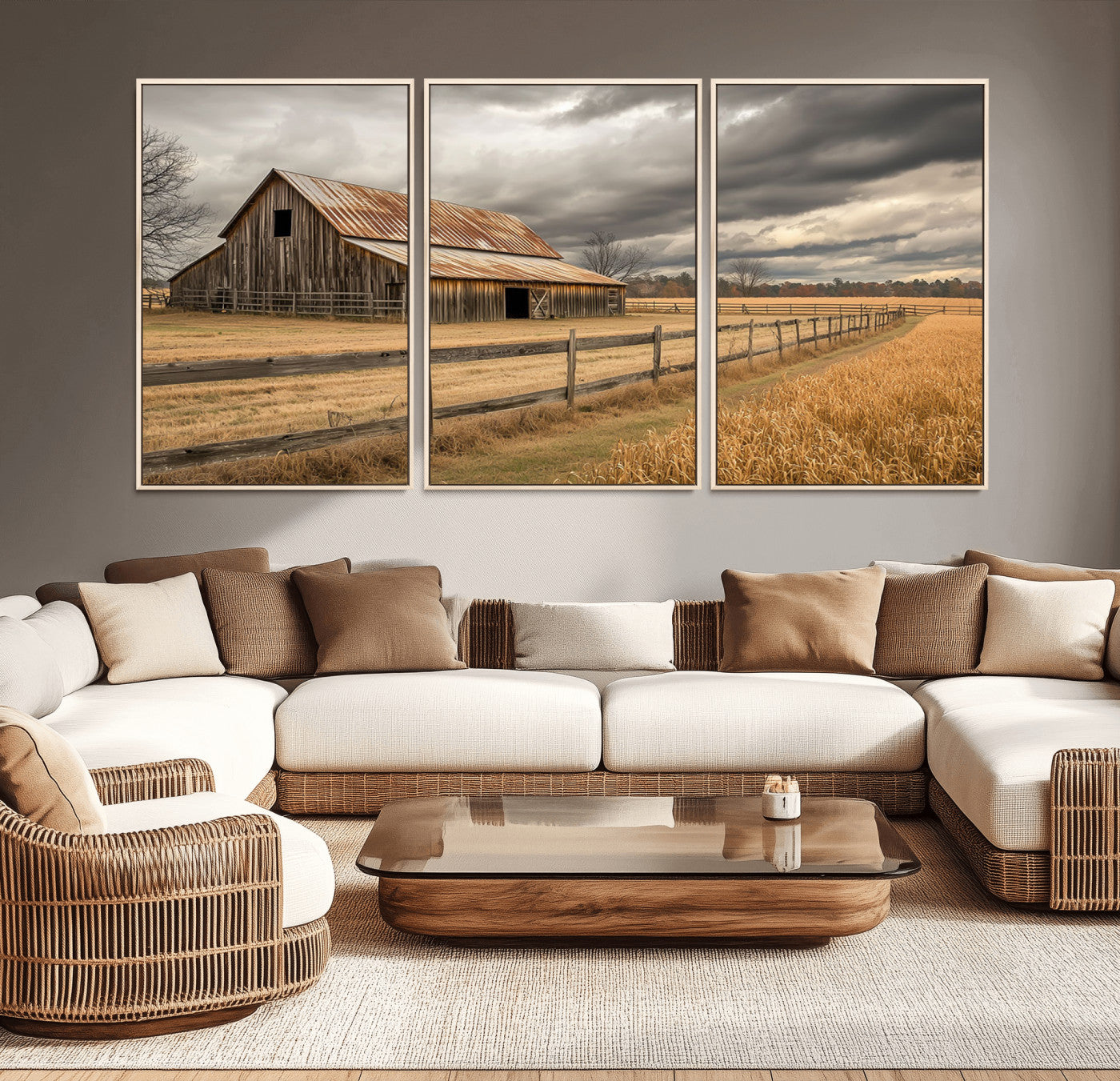 21991117-MGV-FC-60X30-3P_Natural-Rustic Barn Wall Art – Weathered Farmhouse Canvas Print, Stormy Sky and Golden Field Photography Decor for Bedroom, Living Room,
