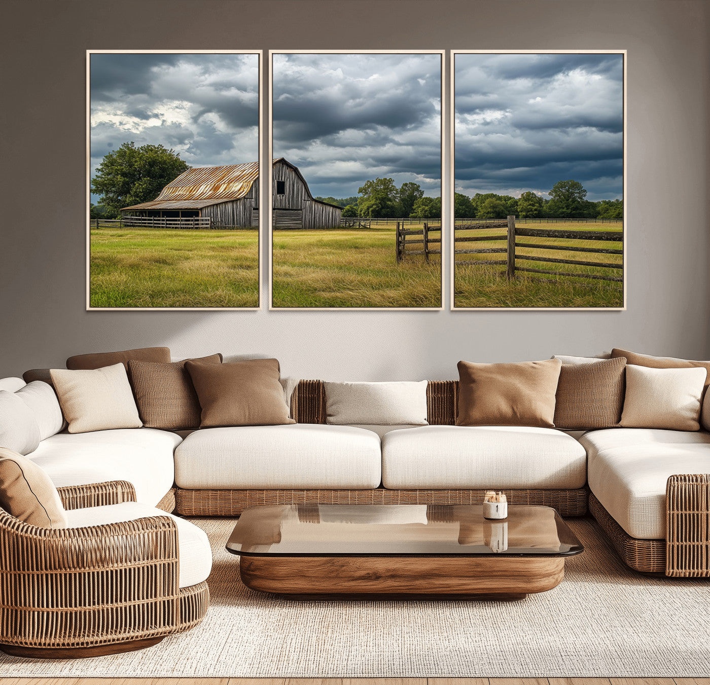 39409517-MGV-CV-36X24-Rustic Barn Wall Art – Weathered Farmhouse and Storm Clouds Canvas Print, Country Landscape Photography Decor for Bedroom, Living