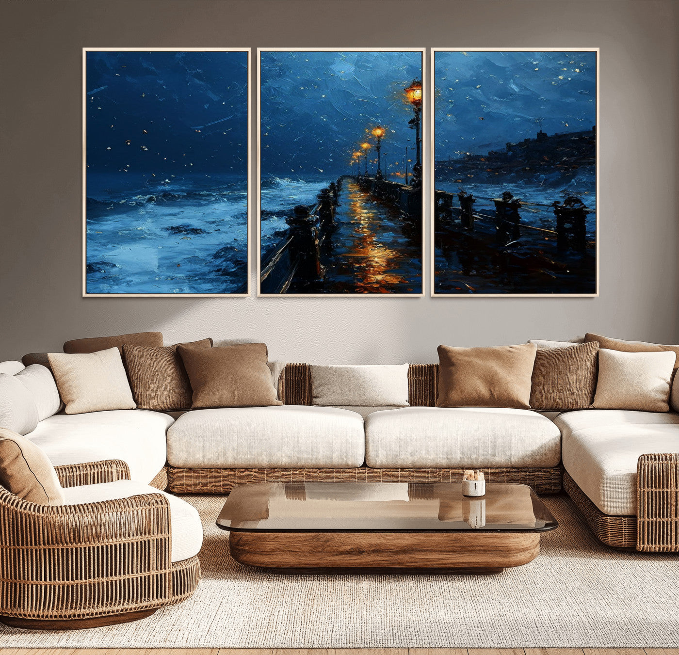 48300530-MGV-CV-36X24-Night Pier Wall Art – Moody Ocean Boardwalk Canvas Print, Impressionist Coastal Seascape Painting Decor for Living Room, Office,