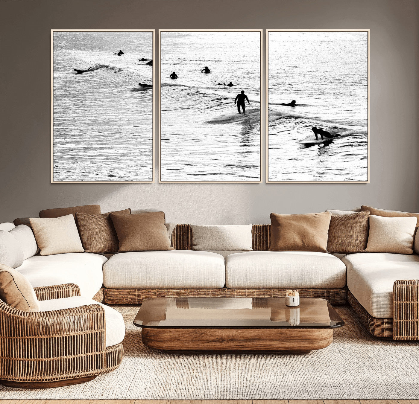 68018616-MGV-CV-36X24-Black and White Surf Photography Print – Minimalist Ocean Wall Art, Surfers Riding Waves, Coastal Beach Decor for Modern Home or