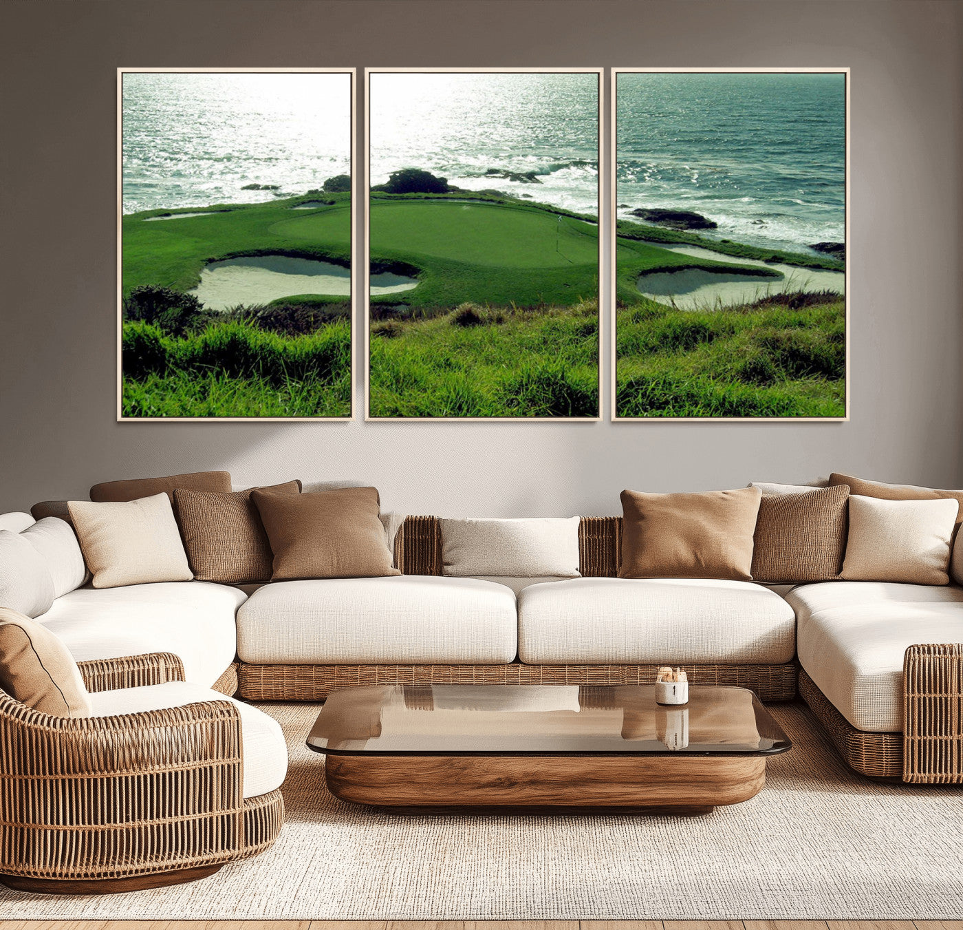 48473947-MGV-FC-60X30-3P_Natural-Ocean Golf Course Wall Art – Panoramic Green Fairway Canvas Print, Coastal Golf Landscape Photography Sports Decor for Office, Man