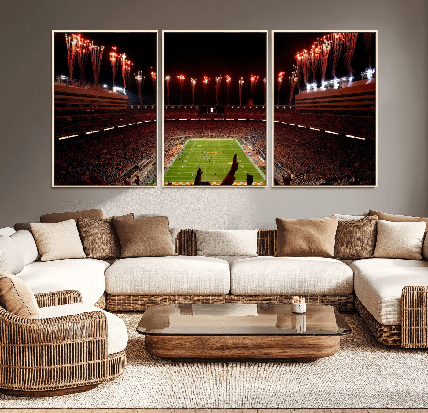 73358115-MGV-CV-36X24-Neyland Stadium Wall Art – Panoramic Tennessee Volunteers Night Game Canvas Print, Fireworks Football Celebration Sports Decor for