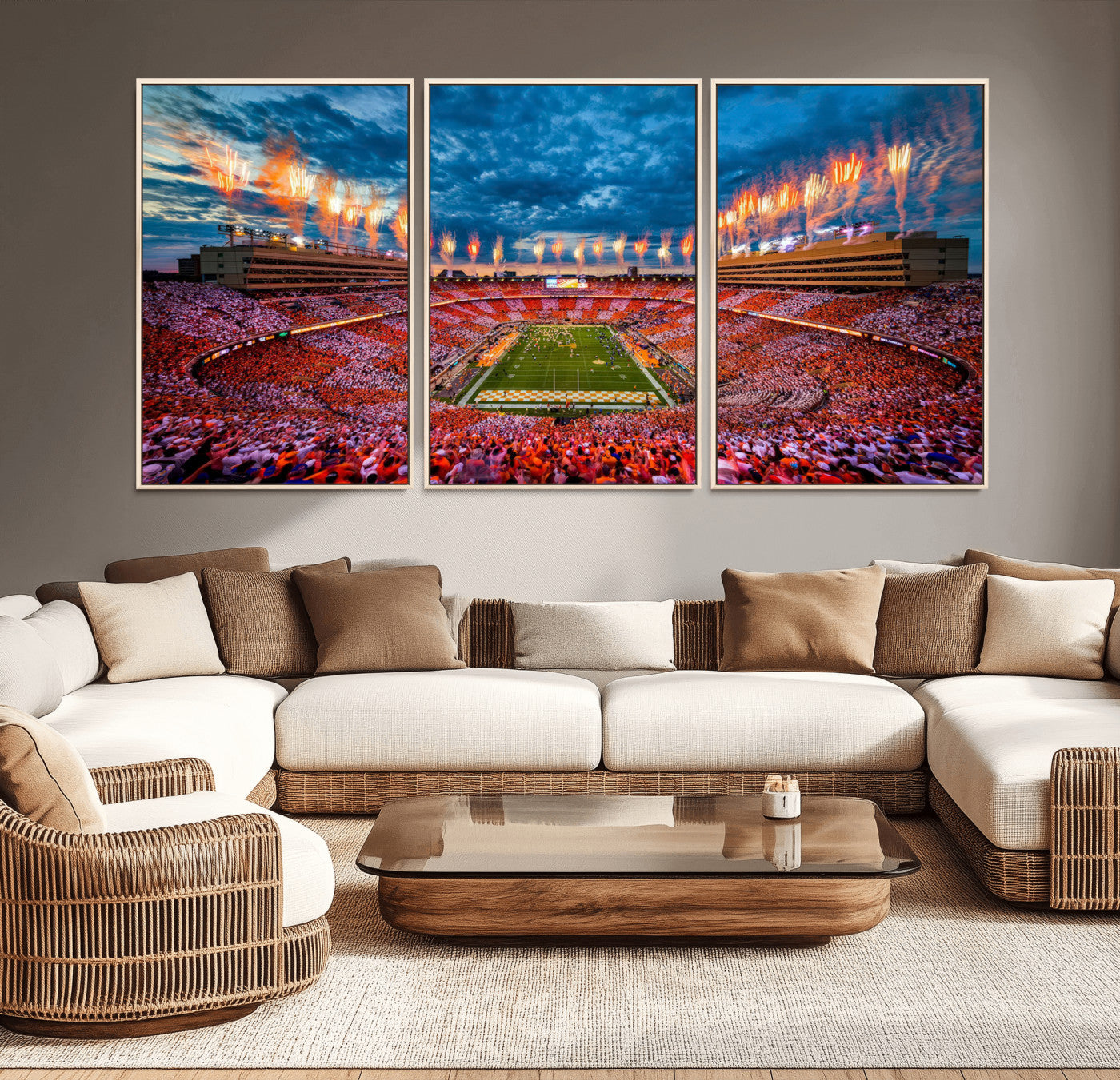 94266219-MGV-CV-36X24-Neyland Stadium Wall Art – Panoramic Tennessee Volunteers Checkerboard Crowd Fireworks Canvas Print, Football Game Day Sports
