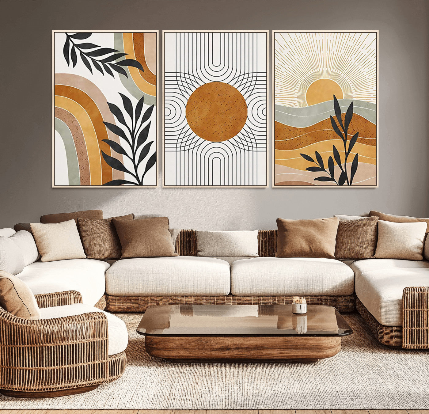 32359-MGV-CV-36X24-Modern Sun Wall Art Canvas Print, Framed Retro Horizon Art Picture Print, Sunburst Design Perfect Mid Century Boho Decor Artwork