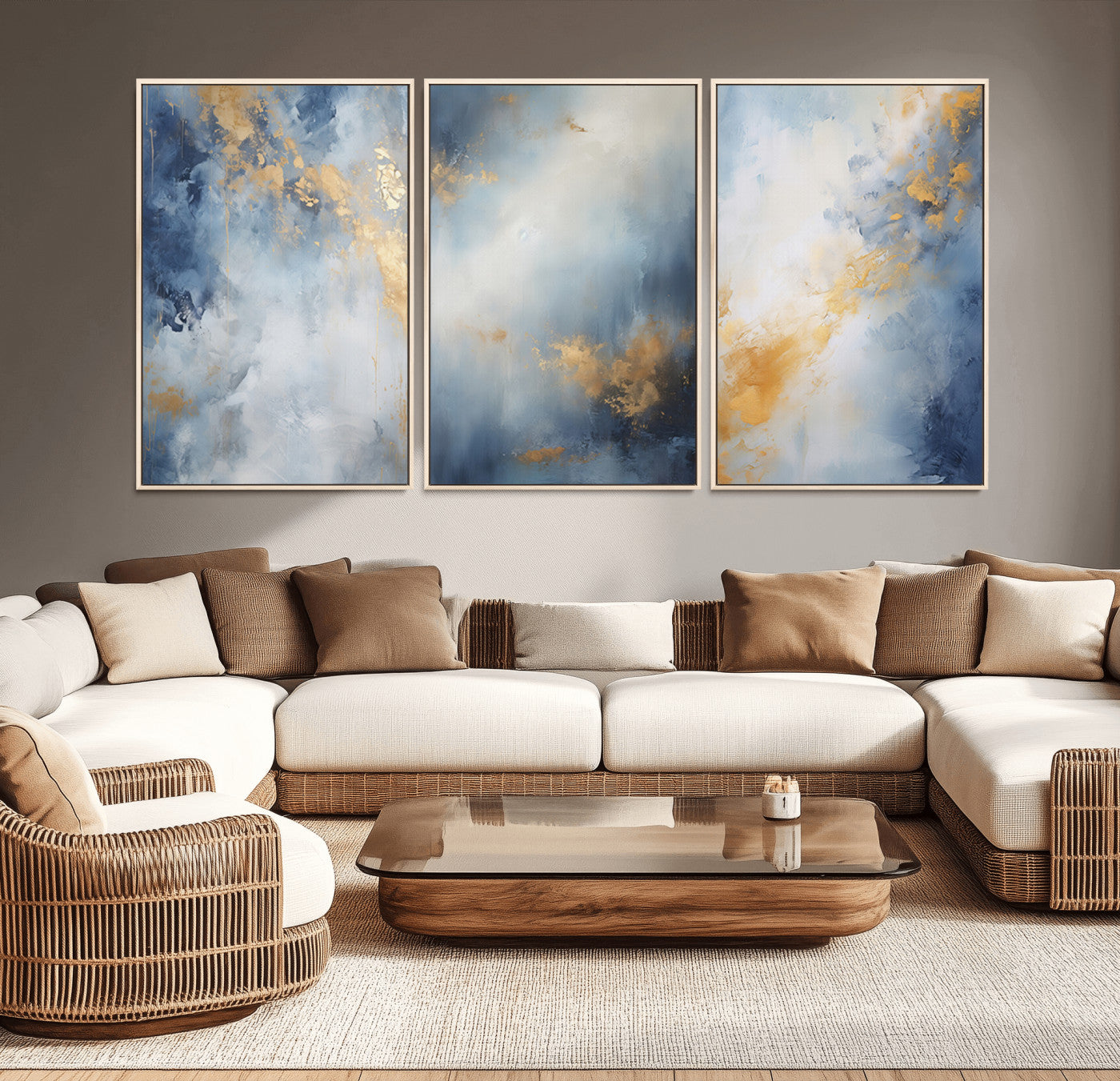 41836-MGV-CV-36X24-Abstract Gold Wall Art Canvas Print, Framed Blue Layers Art Picture Print, Elegant Cloud Perfect Elegant Minimalist Decor Artwork