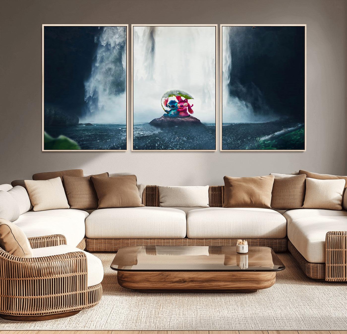 32259-MGV-CV-36X24-Stitch Angel Wall Art Canvas Print, Framed Stitch Waterfall Art Picture Print, Cartoon Couple Perfect Moody Fantasy Decor Artwork