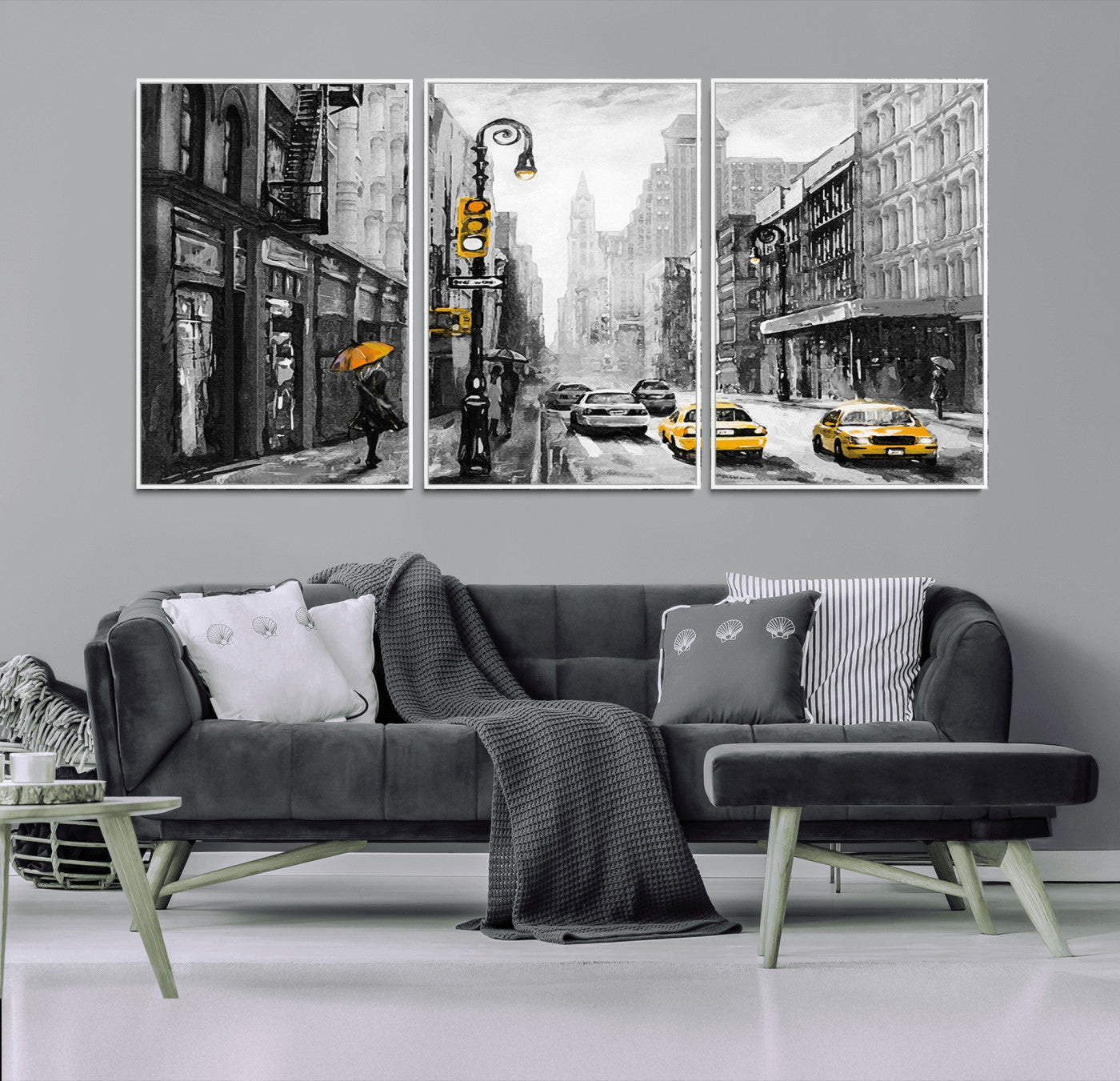 32362-MGV-FC-60X30-3P_White-NYC Street Wall Art – Black and White Cityscape with Yellow Taxis and Umbrella Canvas Print, Urban Home Decor for Living Room or