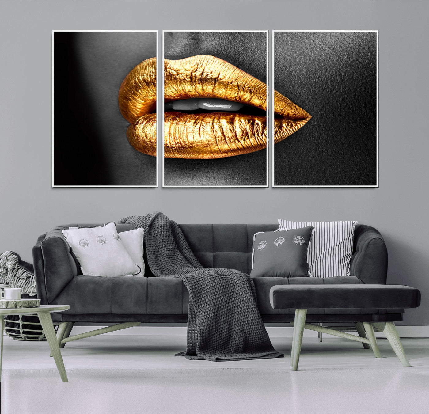 84747-MGV-FC-60X30-3P_White-Golden Lips Black & White Portrait – Glamorous Metallic Lip Art Print, Modern Wall Decor for Bedroom, Beauty & Fashion Lover Gift