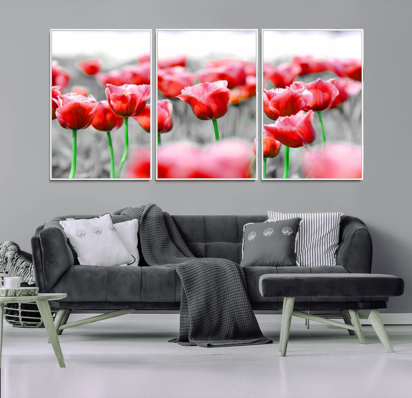 44554-MGV-CV-36X24-Vibrant red tulips stand out beautifully against a black-and-white background, making a striking decor piece perfect for any home