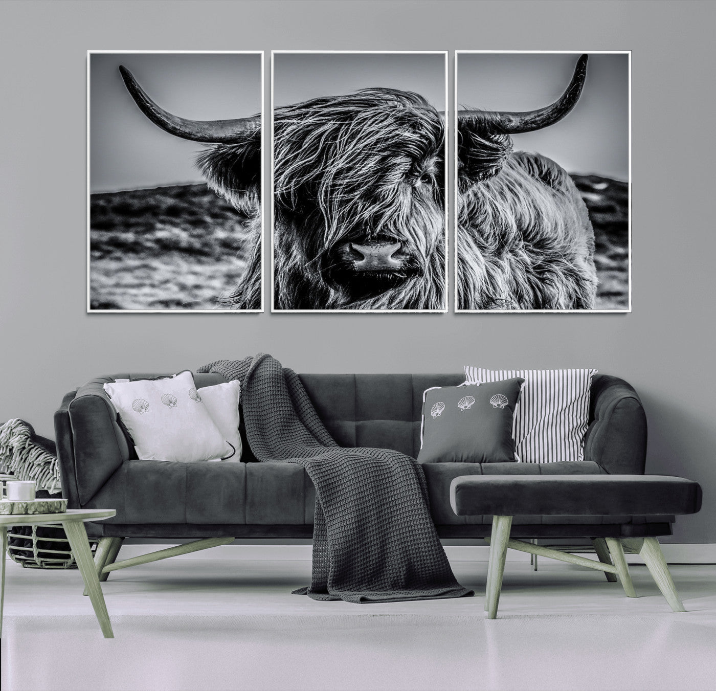 97372-MGV-CV-36X24-Elegant Highland Cow Wall Art – Black and White Canvas Print, Rustic Nature Decor for Home, Office, Living Room or Man Cave