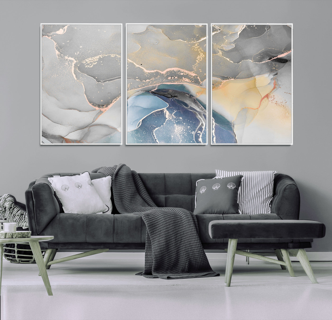 63211-MGV-CV-36X24-Abstract Fluid Art Wall Decor – Blue, Gray & Gold Canvas Print, Modern Home and Office Wall Art Decor for Living Room, Bedroom or