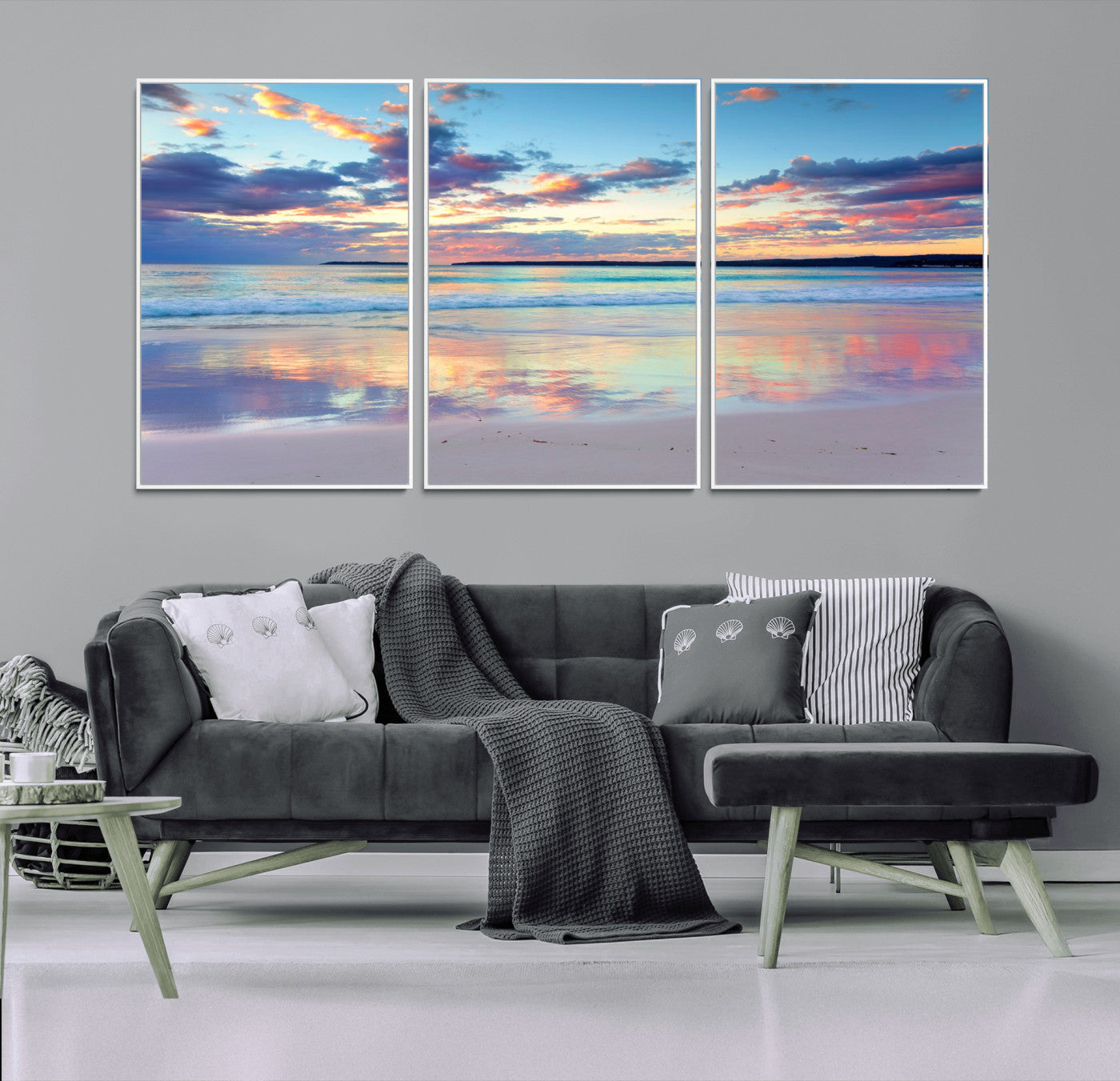 64882-MGV-FC-60X30-3P_White-Tranquil Sunset Beach Wall Art – Panoramic Ocean Reflection Canvas Print, Calm Coastal Decor for Bedroom, Living Room or Office
