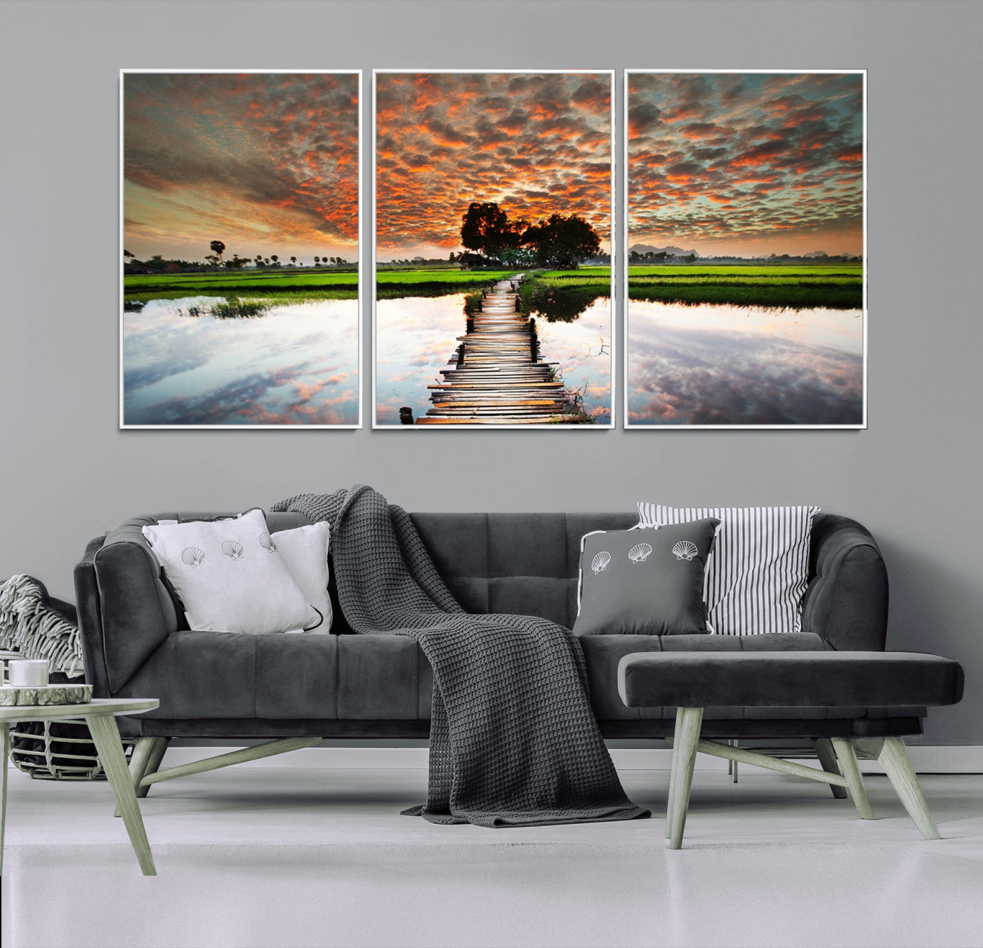 29105-MGV-FC-60X30-3P_White-Rustic Wooden Bridge Wall Art – Scenic Sunset Over Rice Fields and Reflective Water Canvas Print, Nature Landscape Decor for