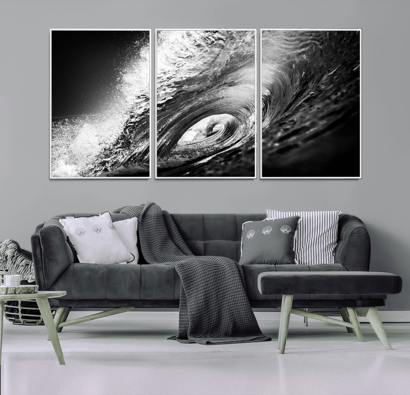 22702-MGV-FC-60X30-3P_White-Black and White Ocean Wave Wall Art – Powerful Surf Curl Photography Canvas Print, Modern Coastal Decor for Living Room, Office or