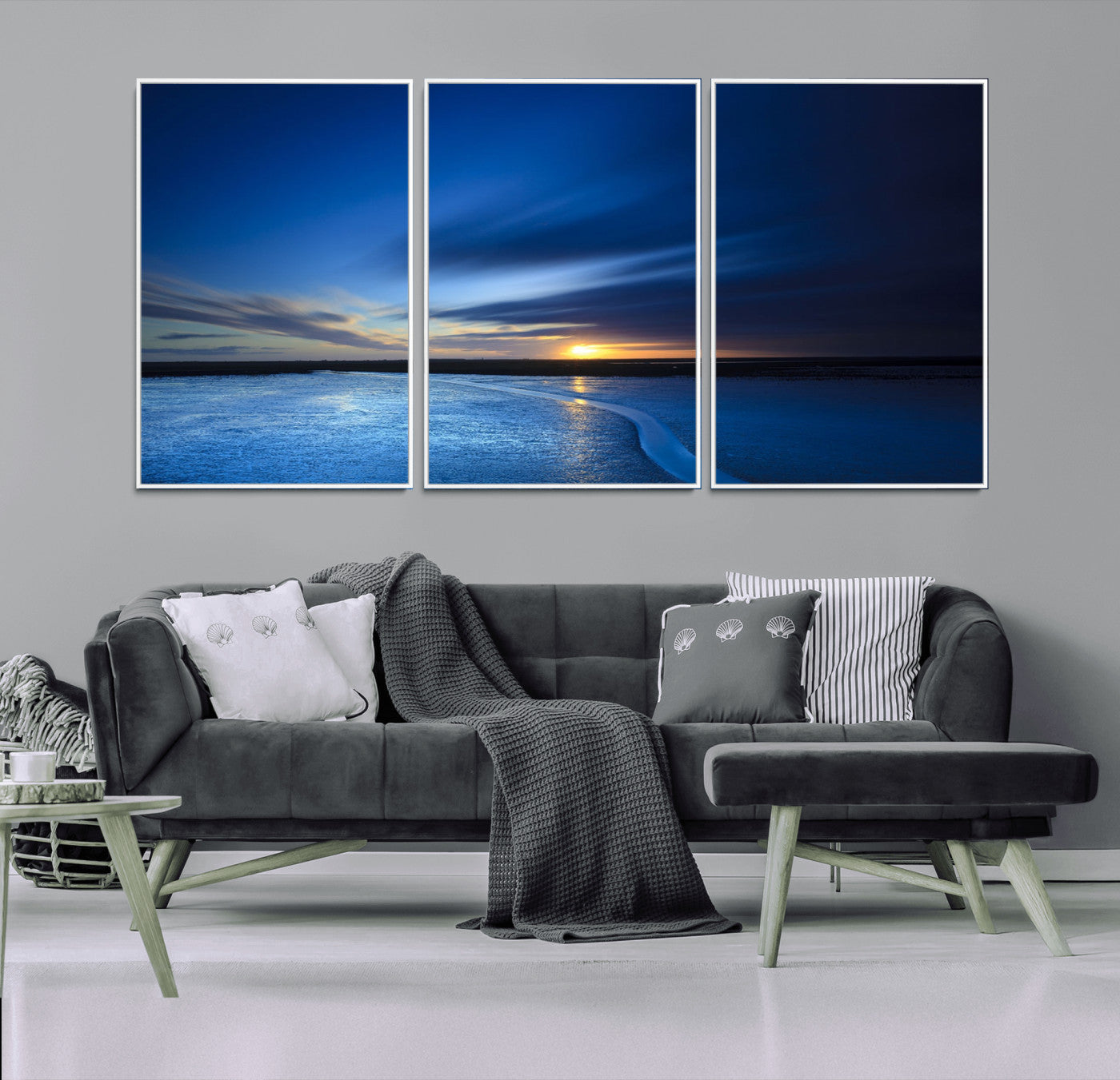 65405-MGV-FC-60X30-3P_White-Blue Sunrise Seascape Wall Art – Tranquil Ocean Horizon Canvas Print with Golden Sunlight and Deep Sky, Coastal Landscape Decor