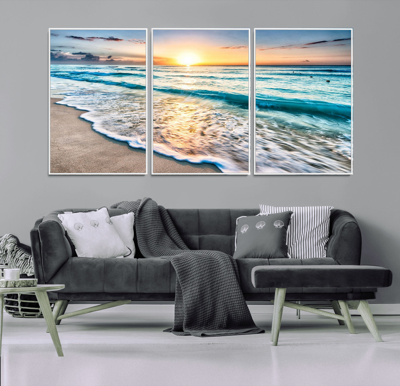 27815-MGV-FC-60X30-3P_White-Ocean Sunrise Beach Wall Art – Serene Coastal Canvas Print with Waves and Golden Morning Light, Relaxing Seascape Decor for