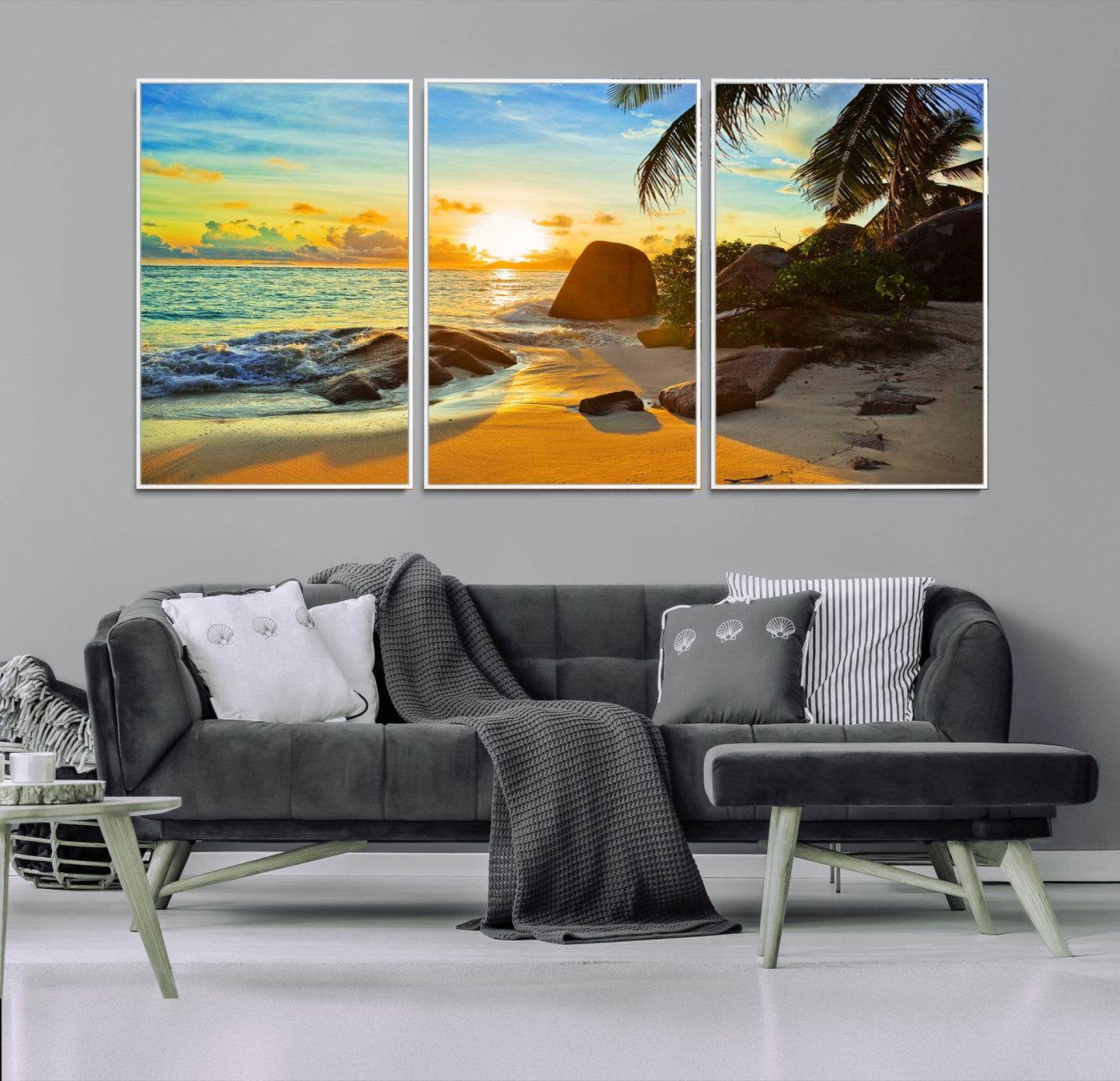 26181-MGV-FC-60X30-3P_White-Golden Tropical Sunset Beach Wall Art – Ocean Canvas Print with Palm Trees and Rocks, Coastal Paradise Decor for Living Room or