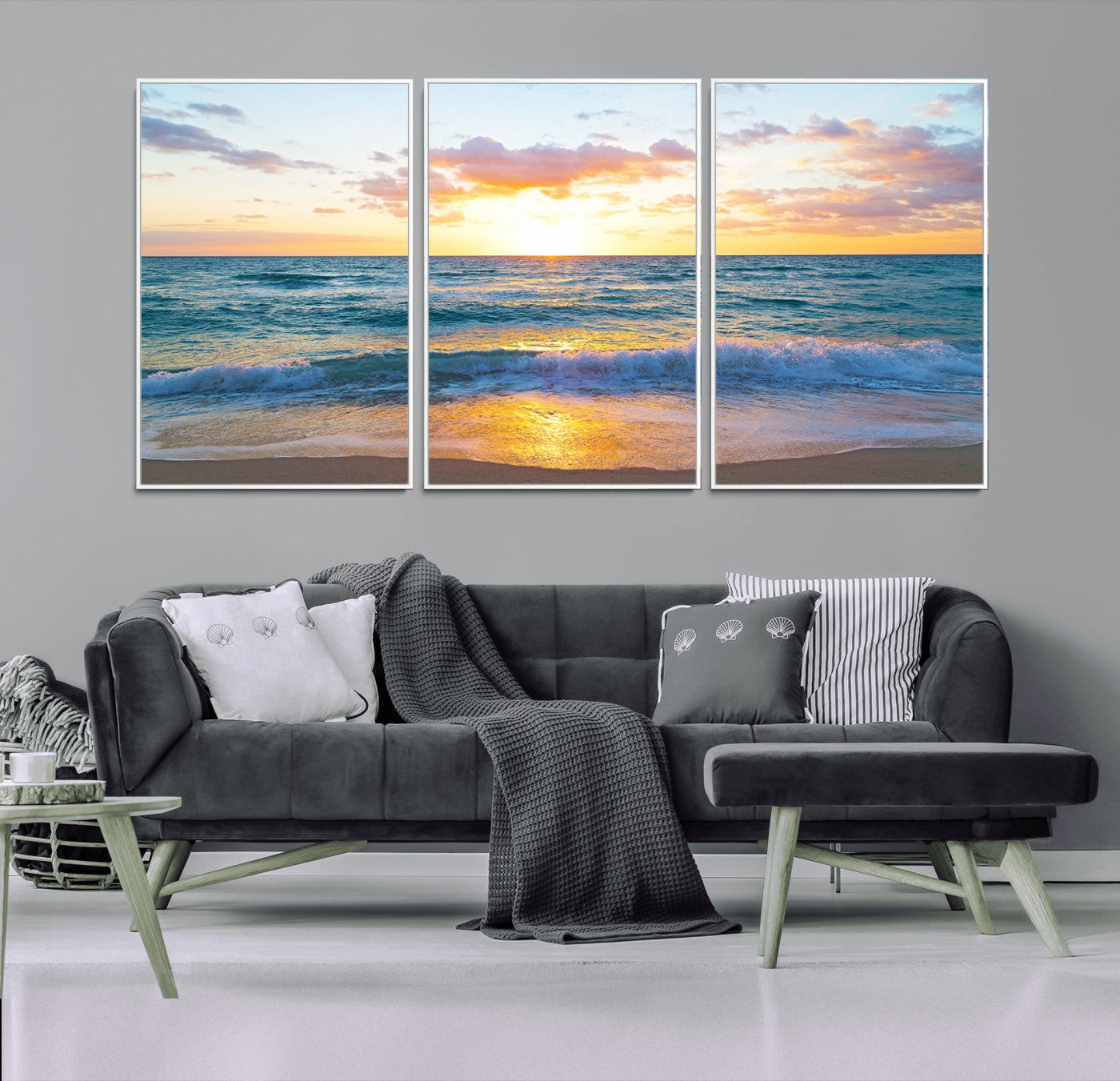 78006-MGV-FC-60X30-3P_White-Golden Sunrise Ocean Wall Art – Panoramic Beach Waves Canvas Print, Coastal Seascape Artwork for Living Room, Bedroom, Office, or