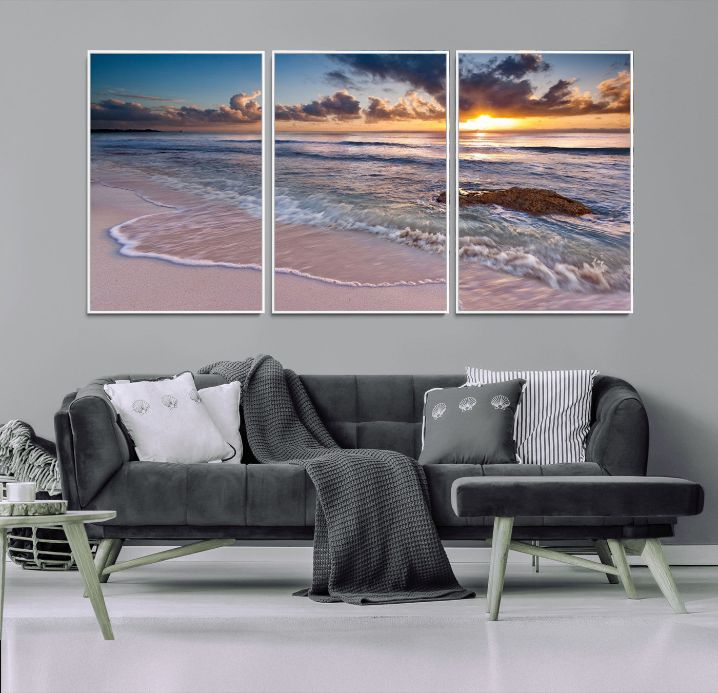 94906-MGV-FC-60X30-3P_White-Sunrise Beach Wall Art – Panoramic Ocean Waves Canvas Print, Coastal Sunset Seascape Artwork for Living Room, Bedroom, or Office