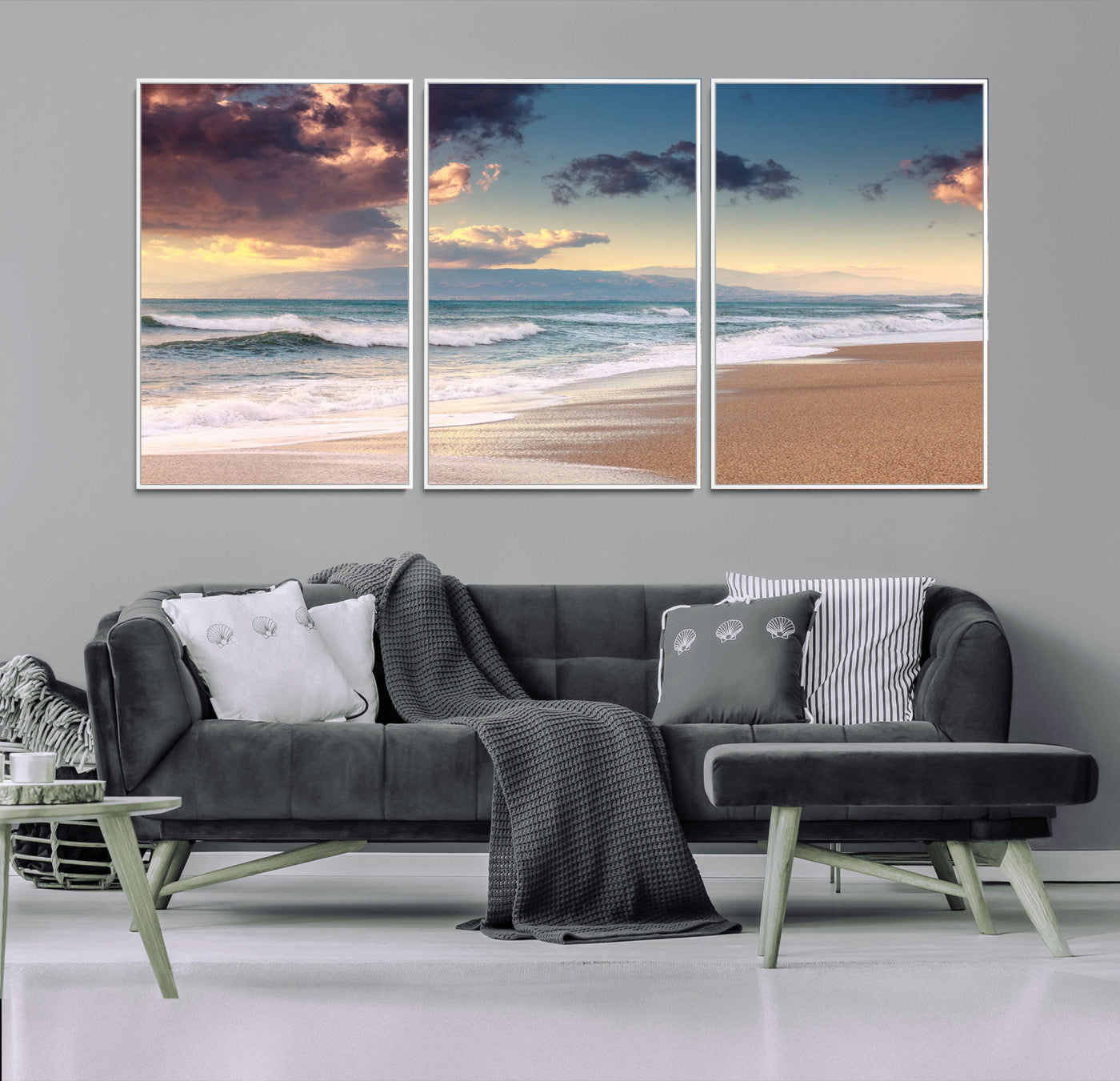 42253-MGV-FC-60X30-3P_White-Serene Beach Waves Wall Art – Tranquil Ocean Horizon Canvas Print, Coastal Seascape Decor for Living Room or Office Wall