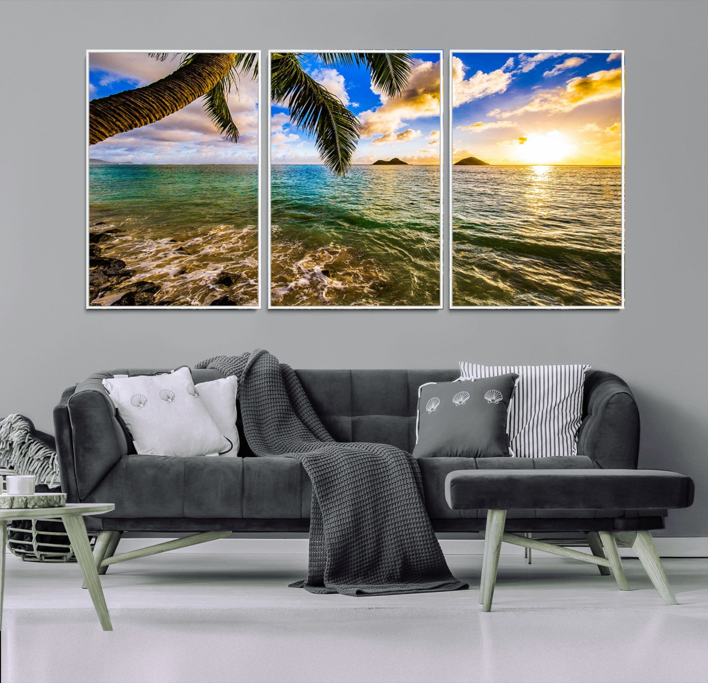 68606-MGV-FC-60X30-3P_White-Tropical Palm Tree Ocean Wall Art – Sunset Beach Seascape Print, Coastal Paradise Decor for Living Room or Office