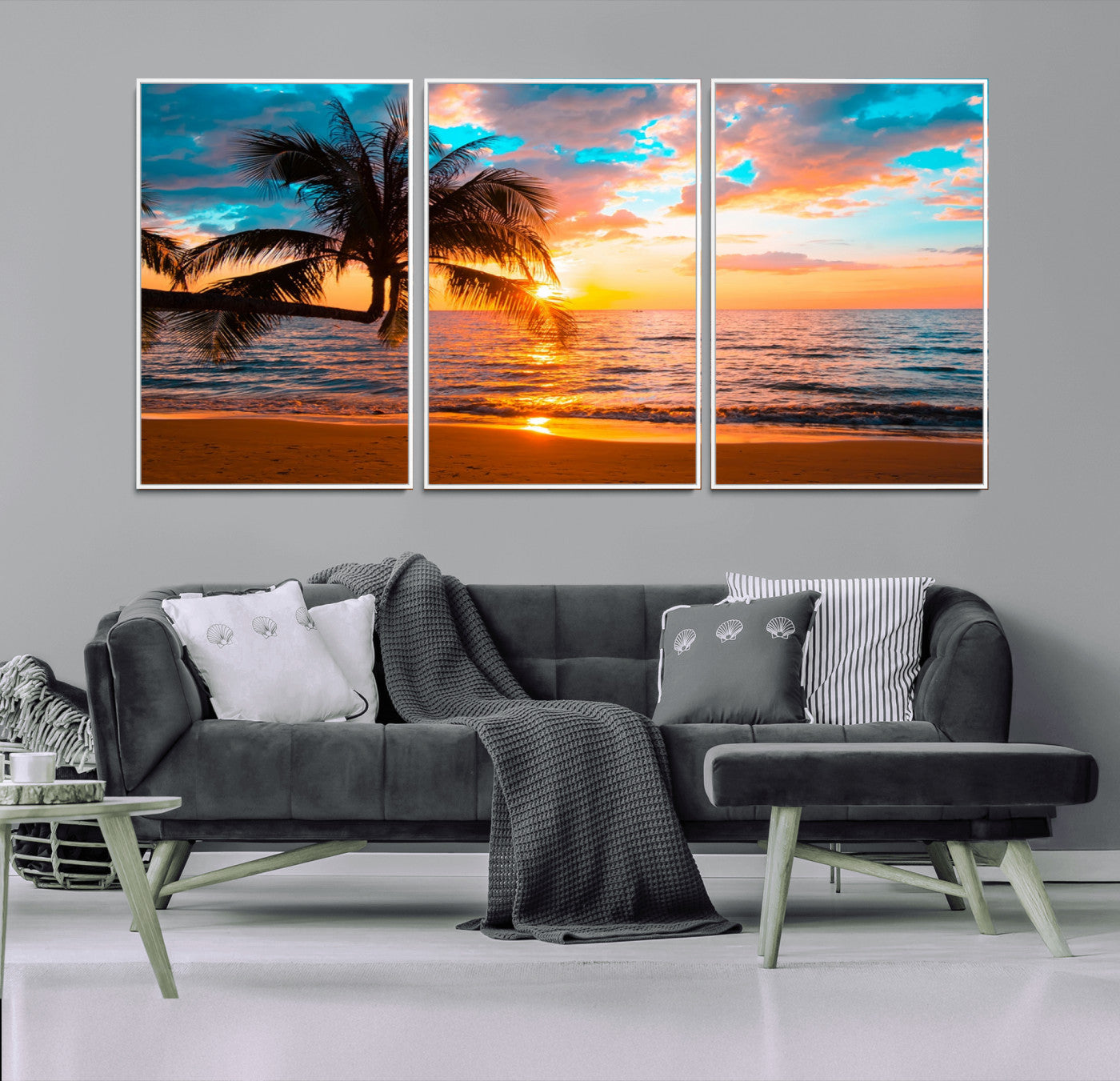 34674-MGV-FC-60X30-3P_White-Tropical Sunset Beach Wall Art – Palm Tree Ocean Canvas Print, Coastal Seascape Decor for Living Room or Office Wall