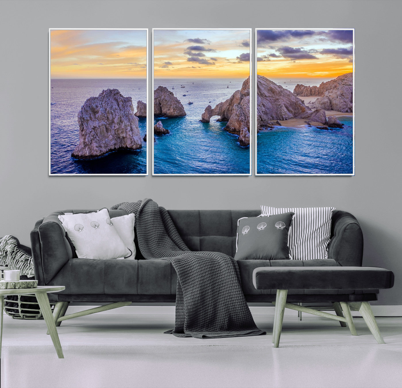 72955-MGV-FC-60X30-3P_White-Ocean Rock Formation Wall Art – Sunset Coastal Seascape Print, Beach Landscape Decor for Living Room or Office