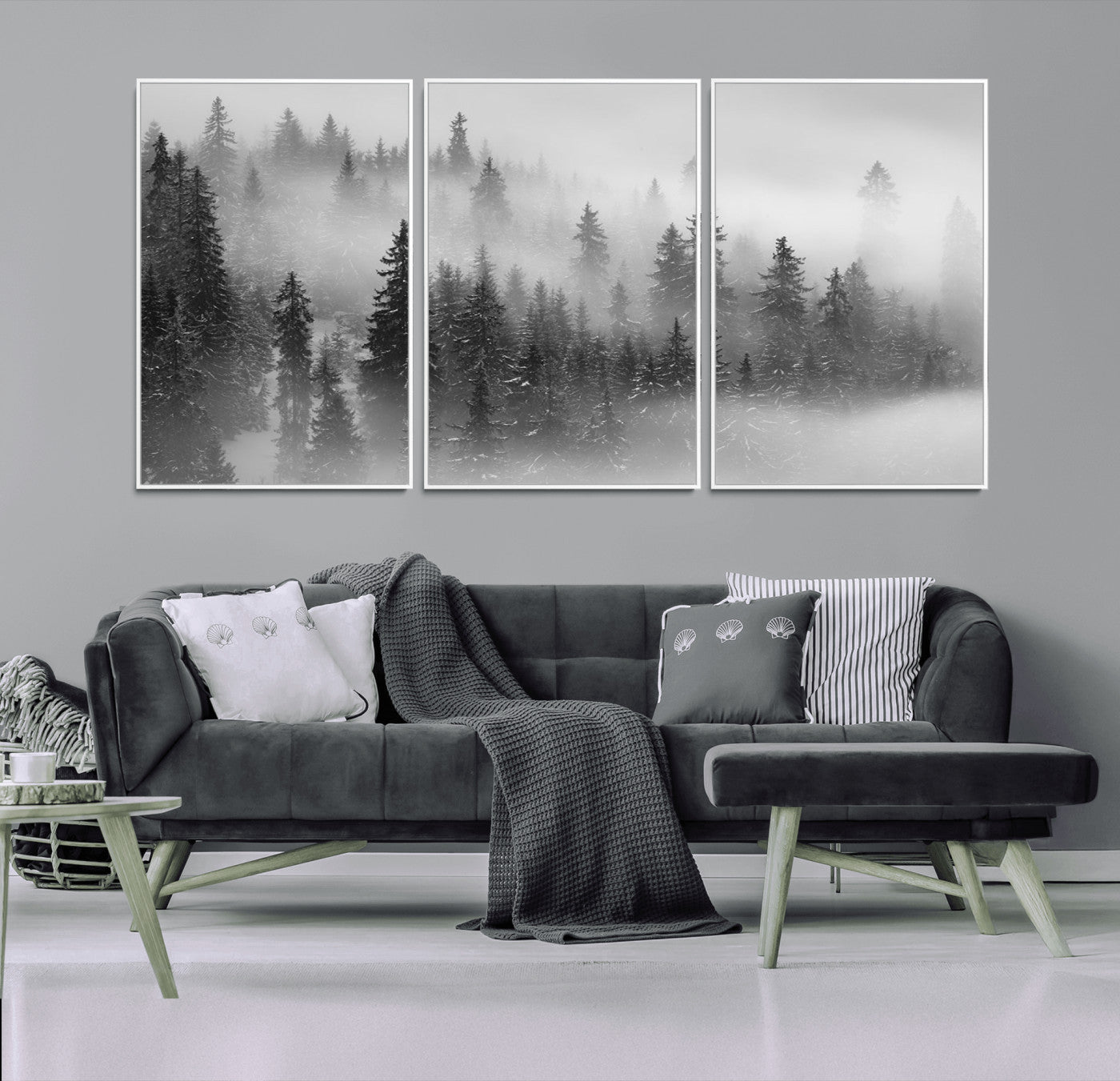 57235-MGV-FC-60X30-3P_White-Misty Pine Forest Wall Art – Black and White Mountain Landscape Canvas Print, Nature Woodland Decor for Living Room, Bedroom or