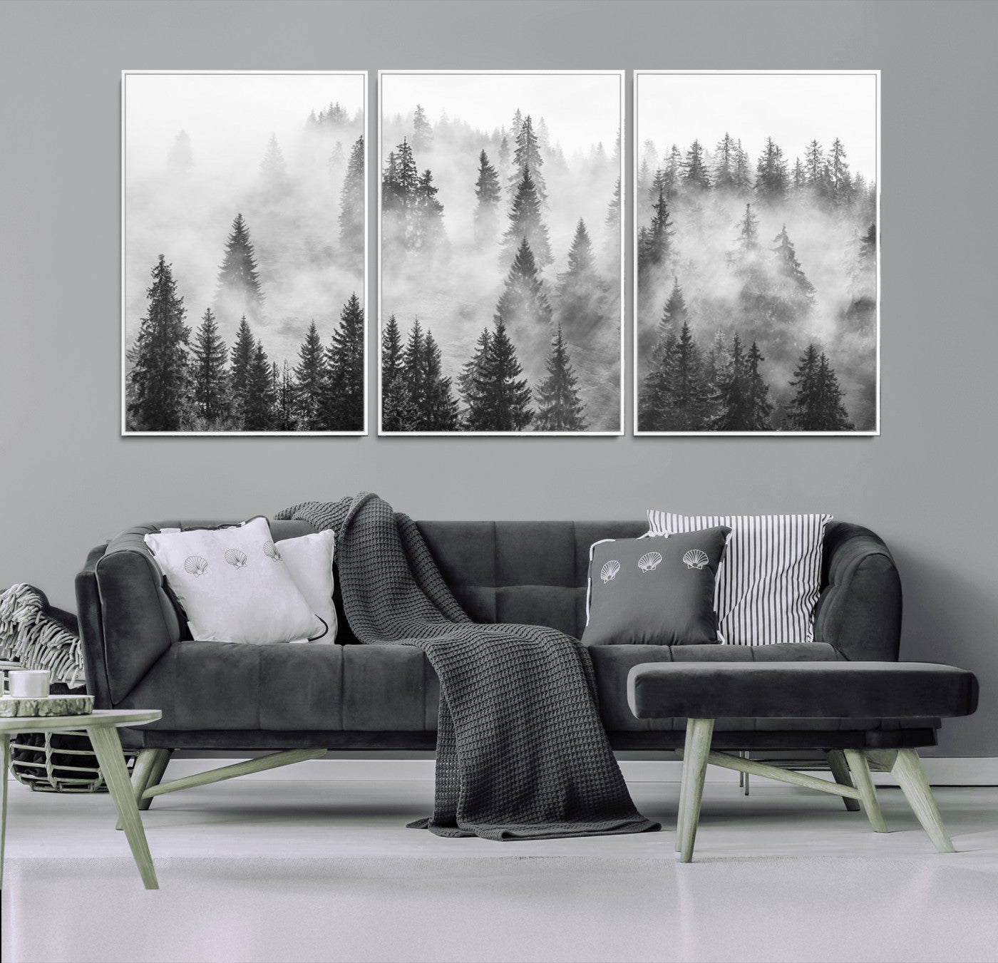 10422-MGV-FC-60X30-3P_White-Misty Pine Forest Wall Art – Black and White Foggy Landscape Canvas Print, Serene Nature Woodland Decor for Bedroom, Office or