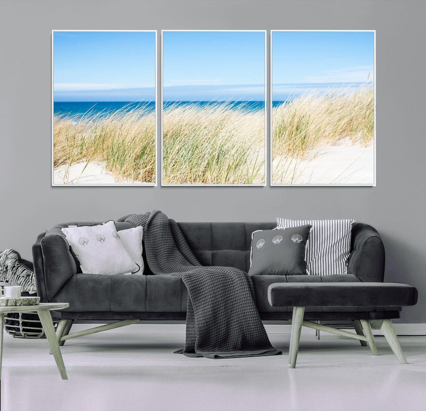 96913-MGV-FC-60X30-3P_White-Coastal Dunes Wall Art – Serene Beach Grass and Blue Ocean Canvas Print, Relaxing Seaside Nature Decor for Living Room, Bedroom or