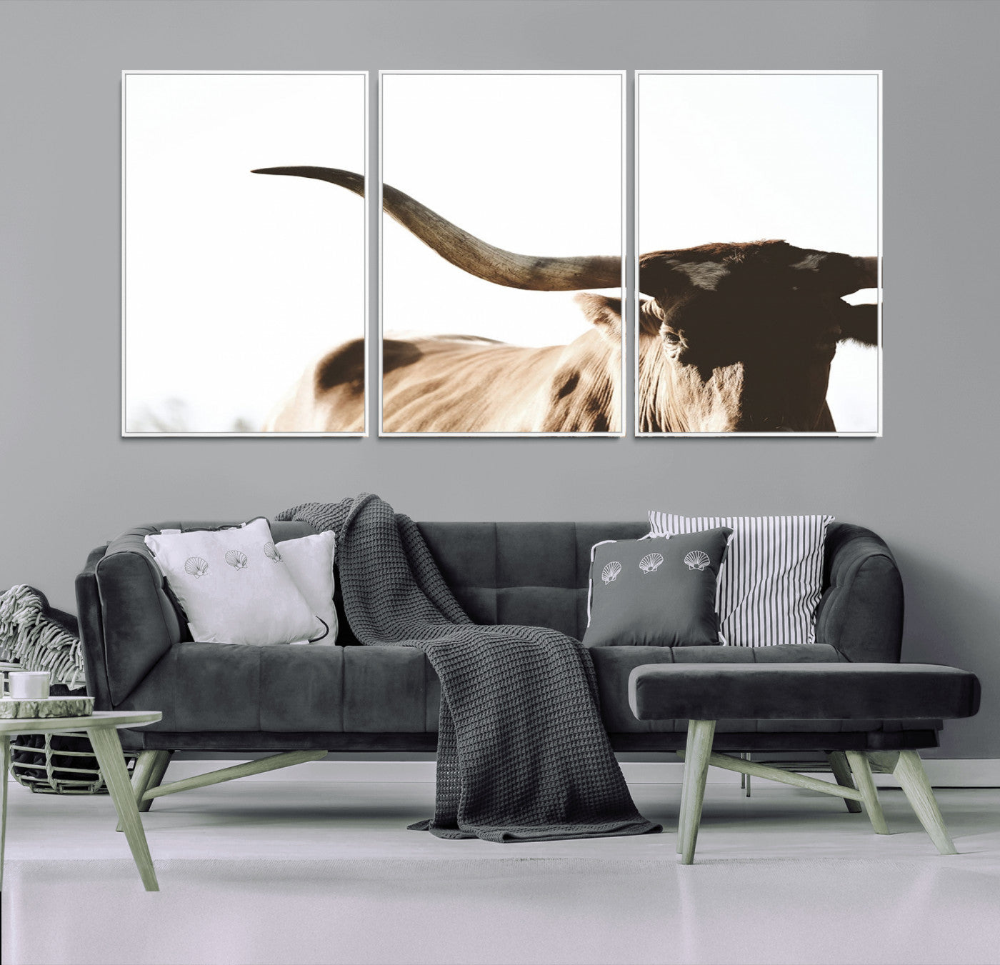 35866-MGV-FC-60X30-3P_White-Texas Longhorn Wall Art – Rustic Western Bull Canvas Print, Farmhouse Animal Photography Decor for Living Room, Office, or Ranch